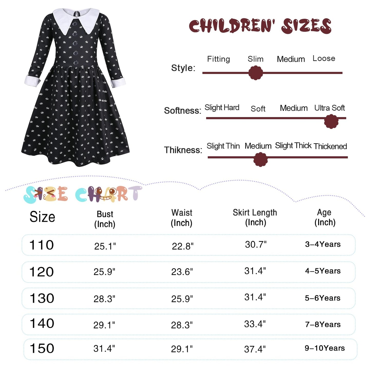 Berich Girls Black Dress with Socks Black Costume Cosplay Halloween Costumes for Kids Princess Role Play World Book Day Outfit Kids Gothic School Fancy Dress 5-6 Years, Size 130