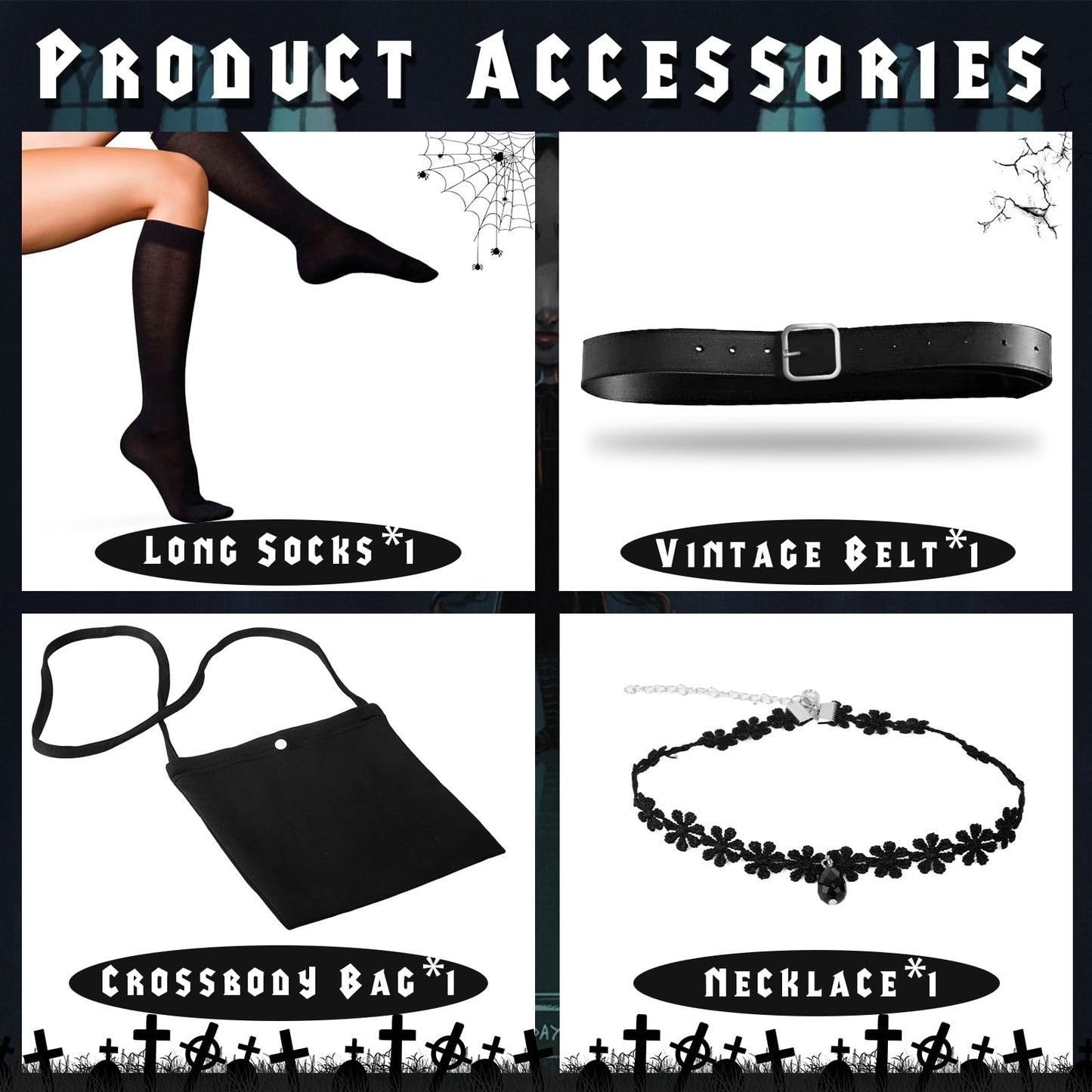 Kitimi Dress110 Black Gothic Dress Up Outfit for Girls, 3-11 Kids Theme Cosplay Costume Girls Party Fancy Dress Accessories with Wig Earrings Bag Socks for Carnival Halloween Party