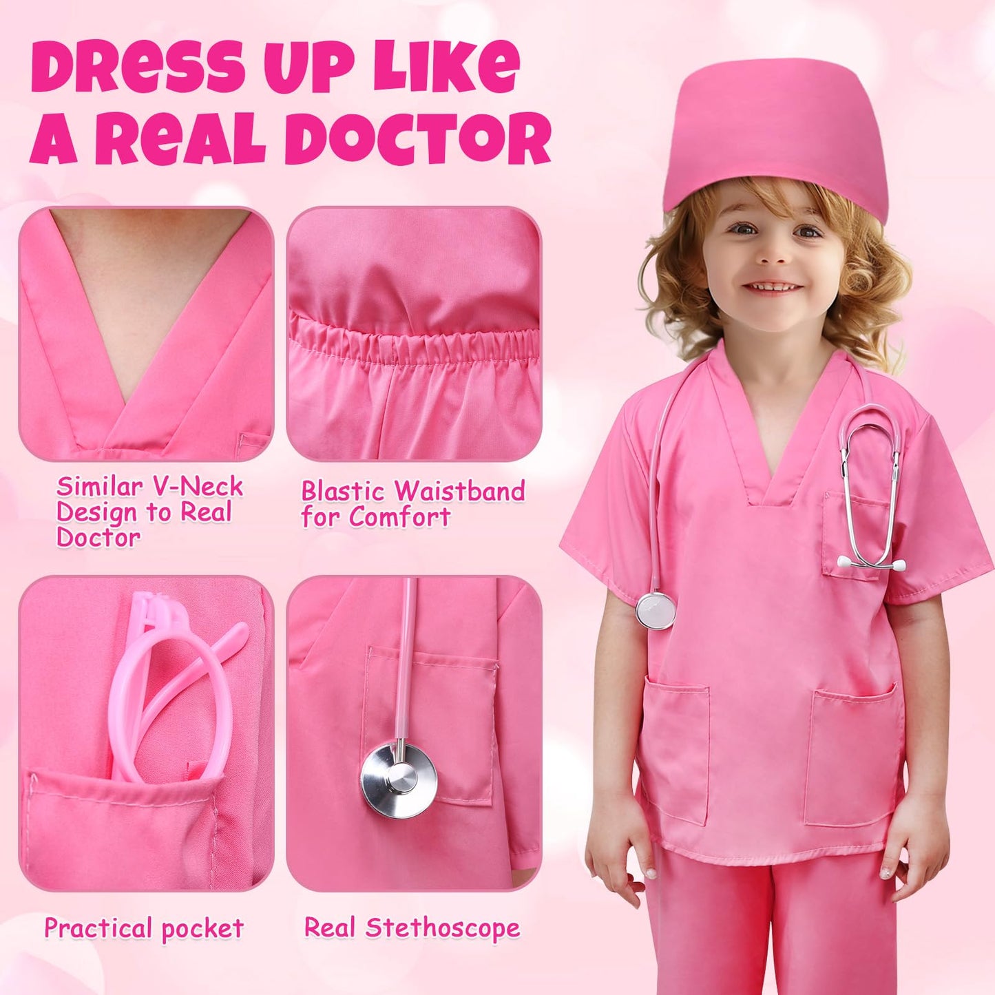 JoyPlus 8 Pcs Kids Doctor Costume Set,Nurse Suit Kit Uniform with Stethoscope, Doctor Costume for Kids,Doctors Outfit Set with Accessories,Nurse Dress Up Halloween Cosplay for Girls 3-10 Years Old (S)