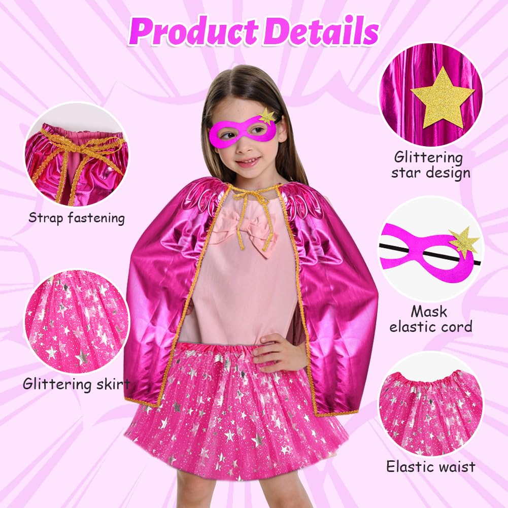 AUYAO Super-heroes Costumes Heroes Capes Kit, Kids Capes Cloak Dress Up Set with Mask Tutu Ballet Dance Skirt, 3Pcs Girls Princess Costumes Capes for Halloween Christmas Birthday Party(Rose Red)