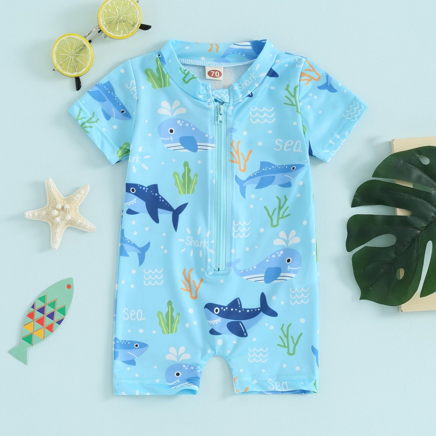 BABWWNIX Baby Boy Swimsuit Swimming Costume Rash Guard Zipper One Piece Short Sleeve Sunsuit Beach Swimwear Bathing Suits (Baby Swimming Costume-Sky Blue, 18-24 Months)