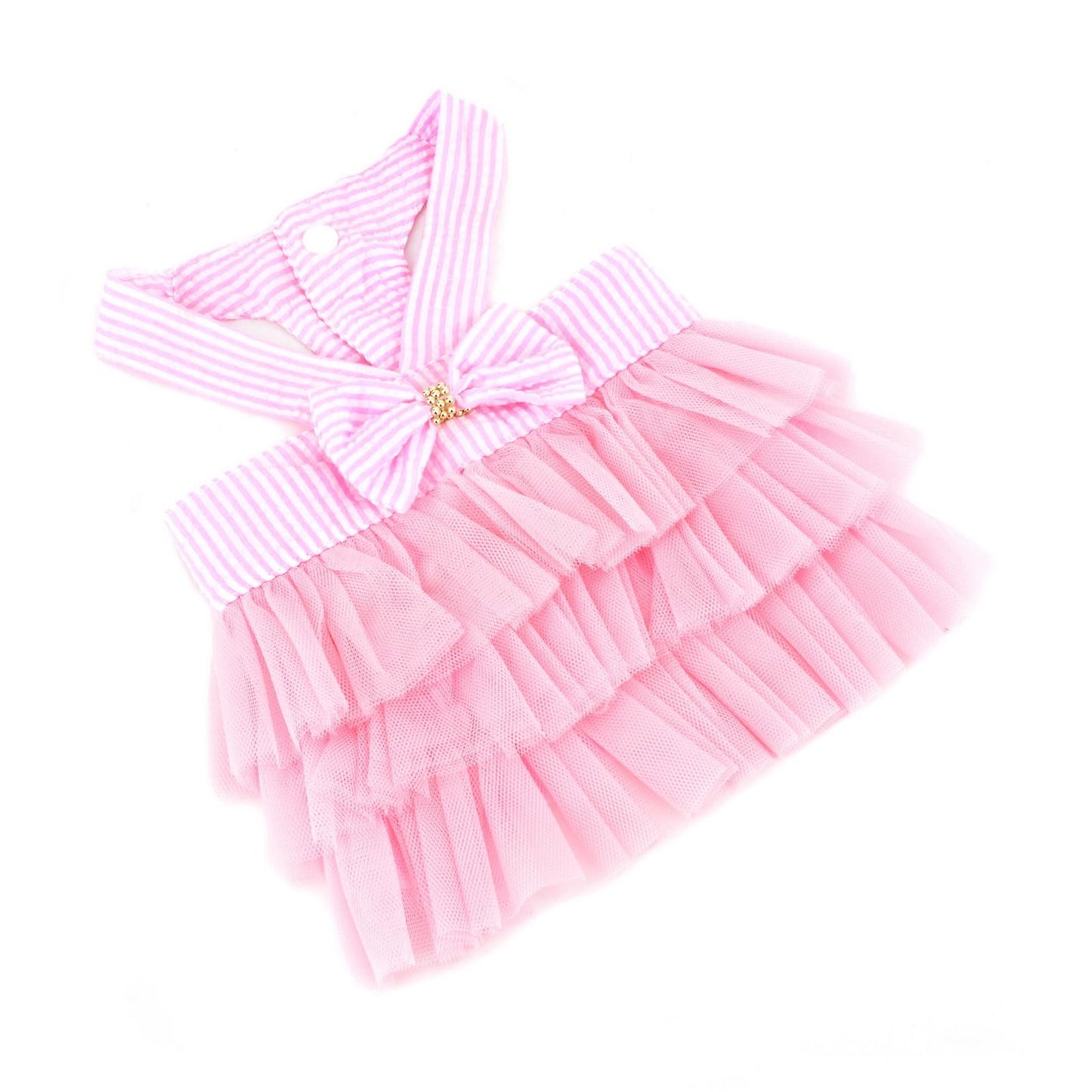 Dog Dress Striped Denim Organza Bow Beads Tutu Skirt Summer Soft
