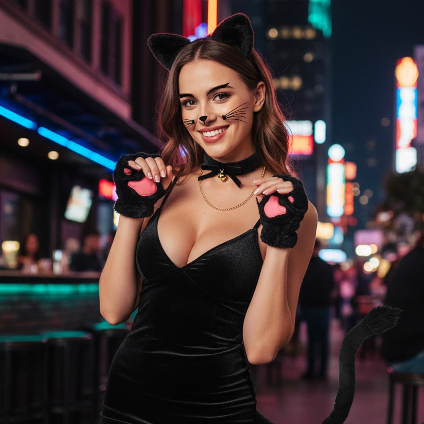 Cat Costume for Women Black Cat Ears Headband and Tail Bell Choker (image 5)