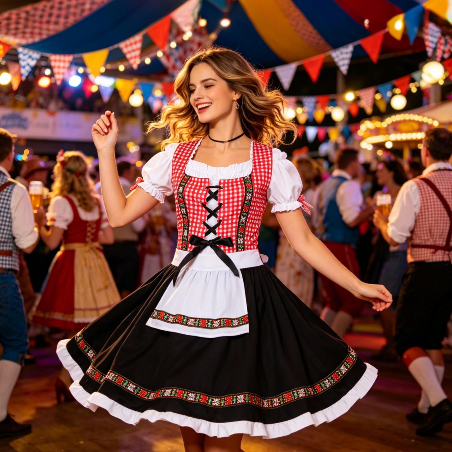 HAPNBCELE Oktoberfest Costume for Womens, German Dirndl Plaid Dress Traditional Beer Festival Bavarian Carnival Halloween (Red Plaid, Large)