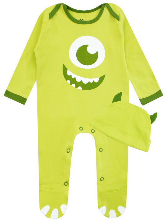 Disney Monsters Inc Baby Newborn Sleepsuit With Hat | Mike Wazowski Costume Monsters Inc Baby Grow Costume | Green 9-12 Months