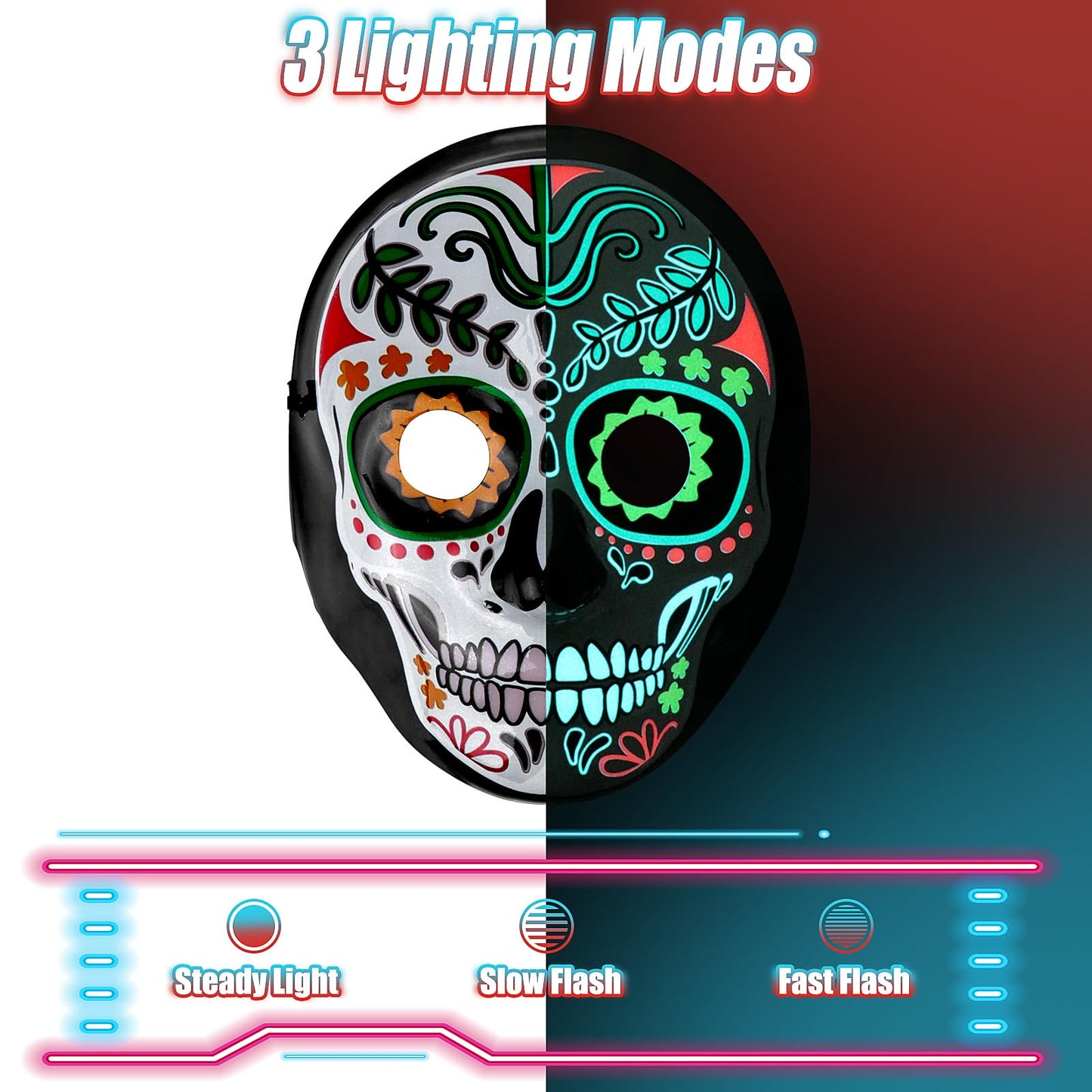 Meetory LED Halloween Mask for Adults, Light Up Mask Costume Day of the Dead Mask with 3 Lighting Modes and Adjustable Headband, Halloween Face Mask for Men Women