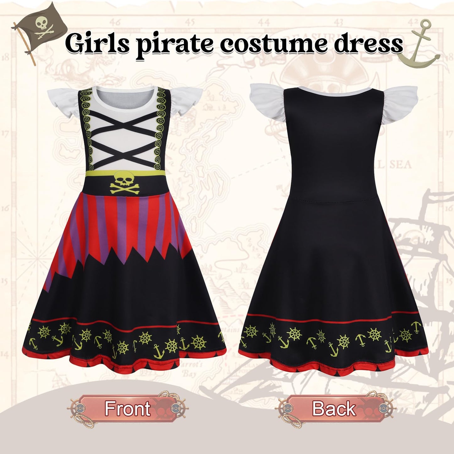 Berich Kids Pirate Fancy Dress Up Halloween Costumes for Girls World Book Day Outfit Therm Party Role Play Dress Up Pirate Accessories Sword Eye Patch Hat Girls Costume 5-6 Years, Size 130, Black