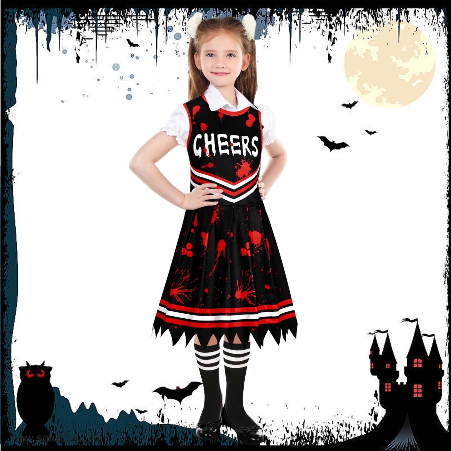 Kavoc 4Pcs Halloween Zombie Cheerleader Costume Accessories Including Black Red Skirt Bow Tie Socks (10-12Years Old)