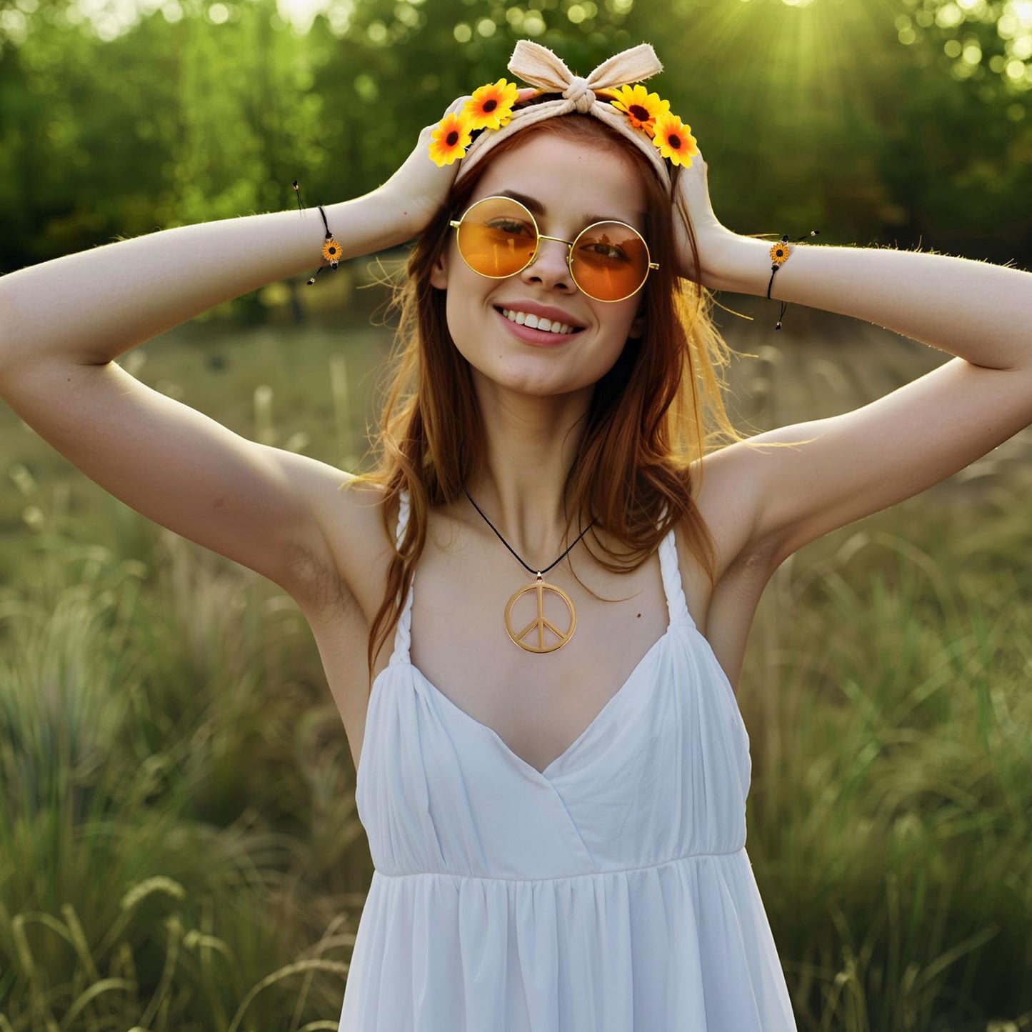 GSrenyu 9 PCS Hippie Accessories, Hippie Costume for Women Includes Sunflower Headband, Flower Sunglasses, Daisy Hair Fork, Sunflower Bracelet, Peace Sign Necklace for 70s 80s Fancy Dress