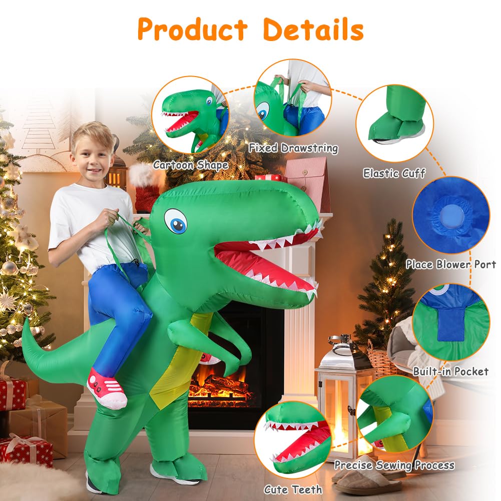 AOOWU Dinosaur Costume, Deluxe Dinosaur Inflatable Costume T-Rex Blow up Fancy Dress for Kids, Funny Ride-on Green Dinosaur Halloween Costumes for Halloween Cosplay Masquerade Party, Green