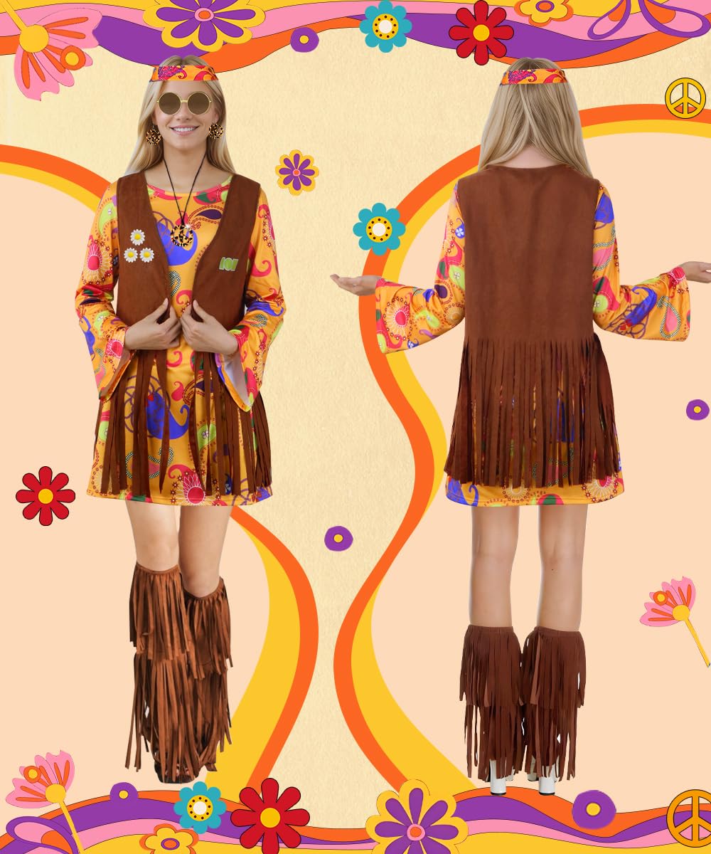 TOLOYE 70s Fancy Dress Women, Hippie Costume Outfit with Fringe Vest Boho Headband Necklace Set, 60s Disco Fancy Dress, 1970s Retro Hippie dress Hippy Clothes for Carnival Cosplay Party (L)