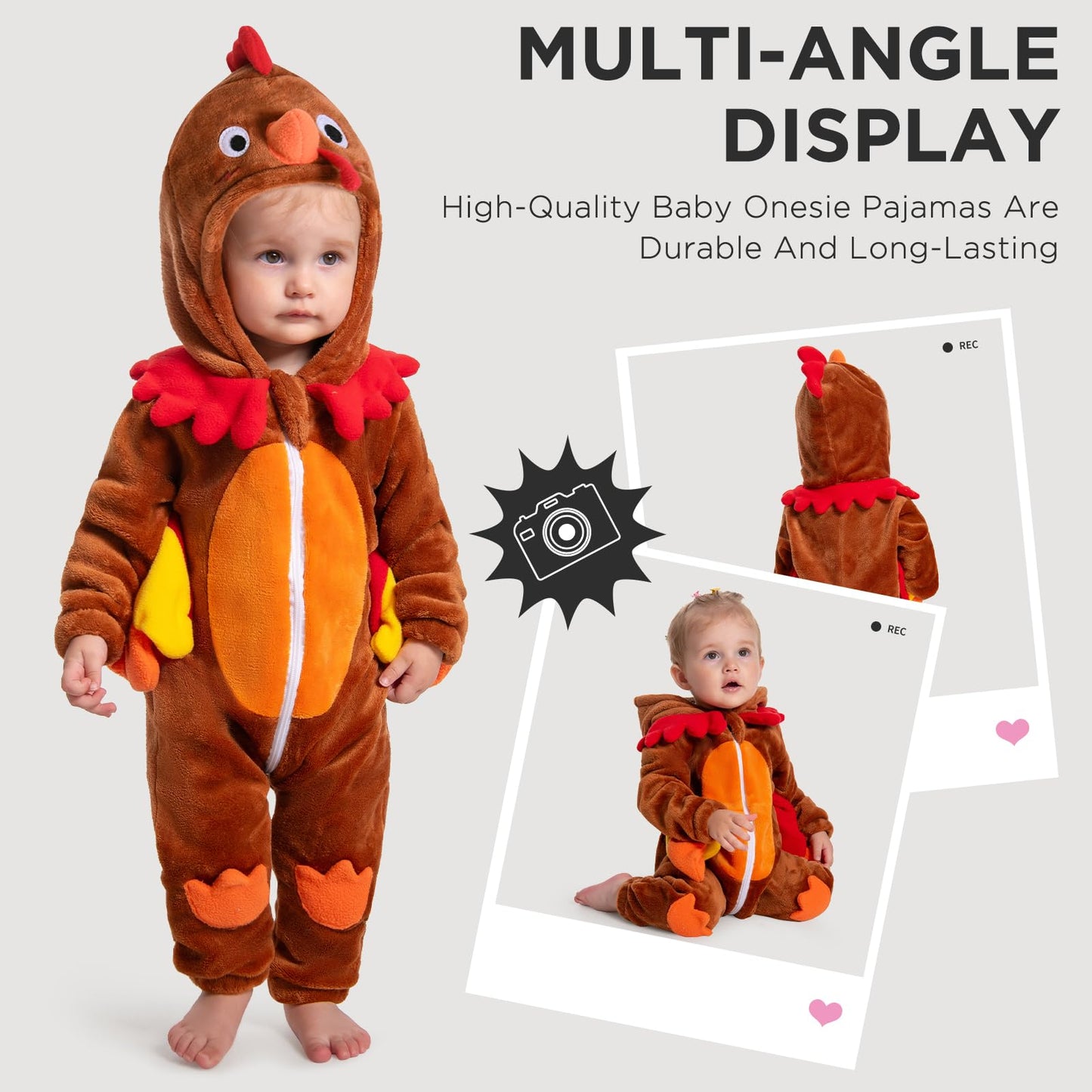 OLAOLA Toddler Onesie Unisex Soft Flannel Romper Baby Animal Costume Outfit Infant Cartoon Hooded Jumpsuit (Turkey, 18-24 Months)