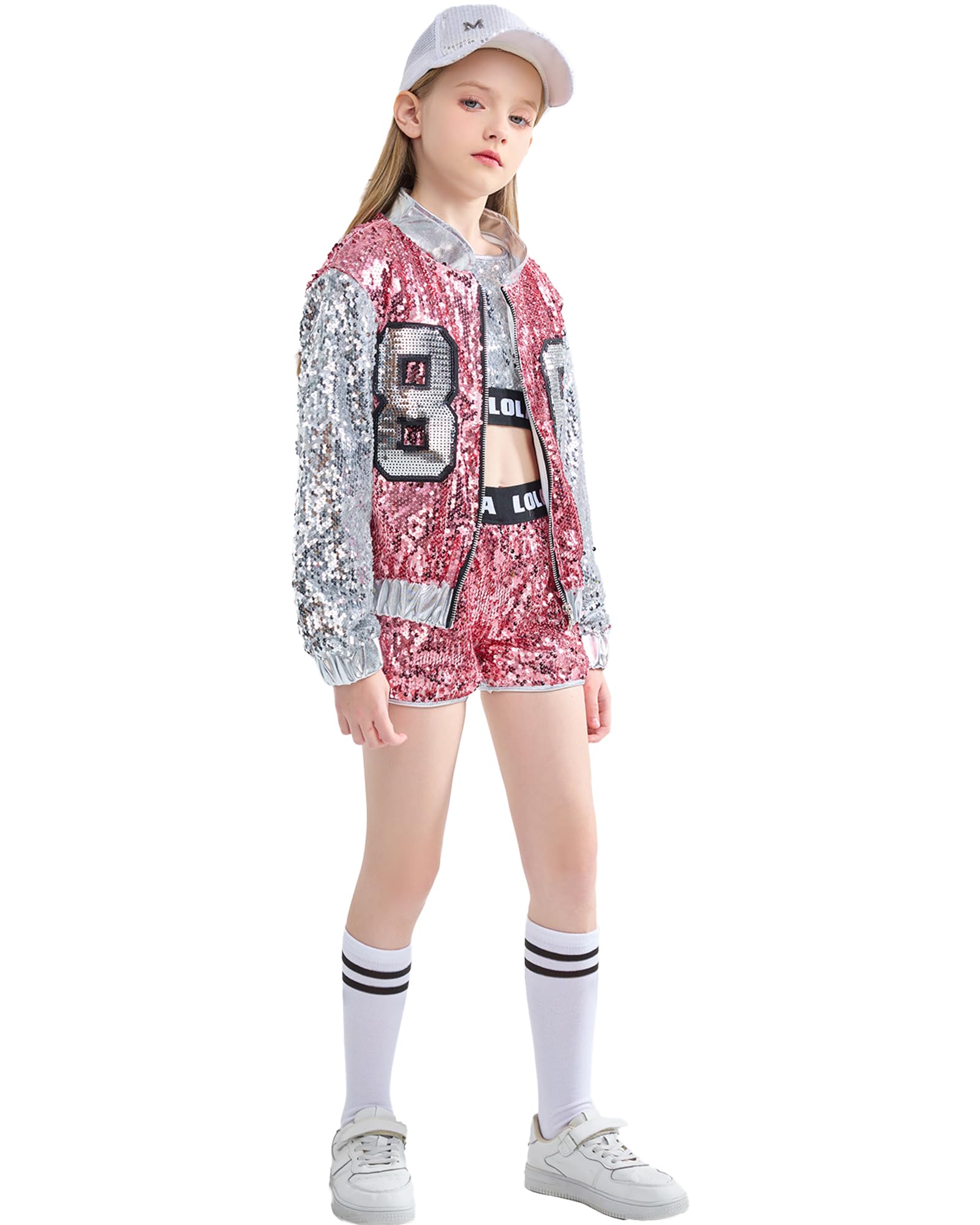 4-Piece Girls Hip Hop Sequins Costume - Sparkly Graphic Jacket (image 2)