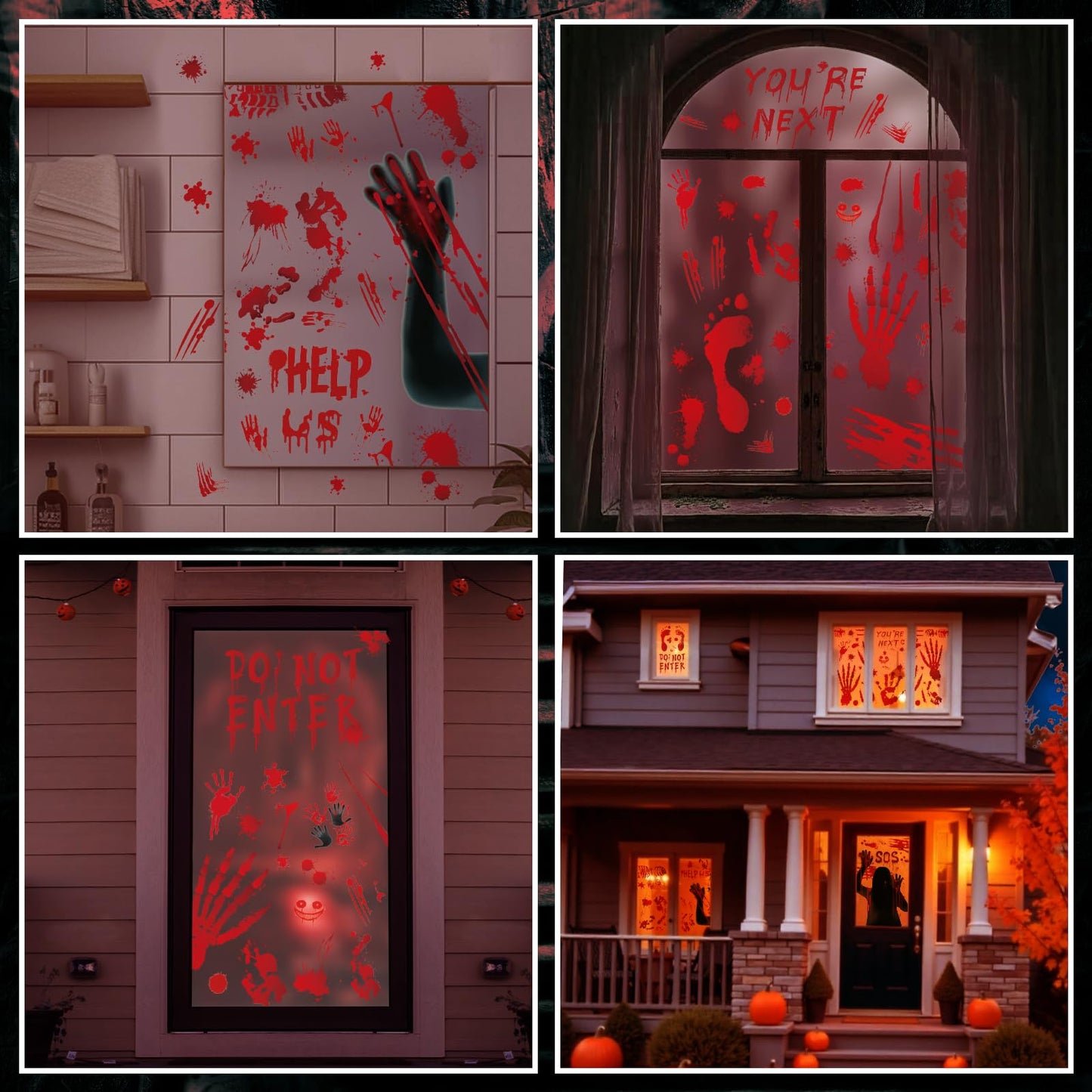 Large Halloween Window Stickers, Etopgo Bloody Decorations Double Sided Window Clings with Handprints Footprints for Halloween Party Decorations