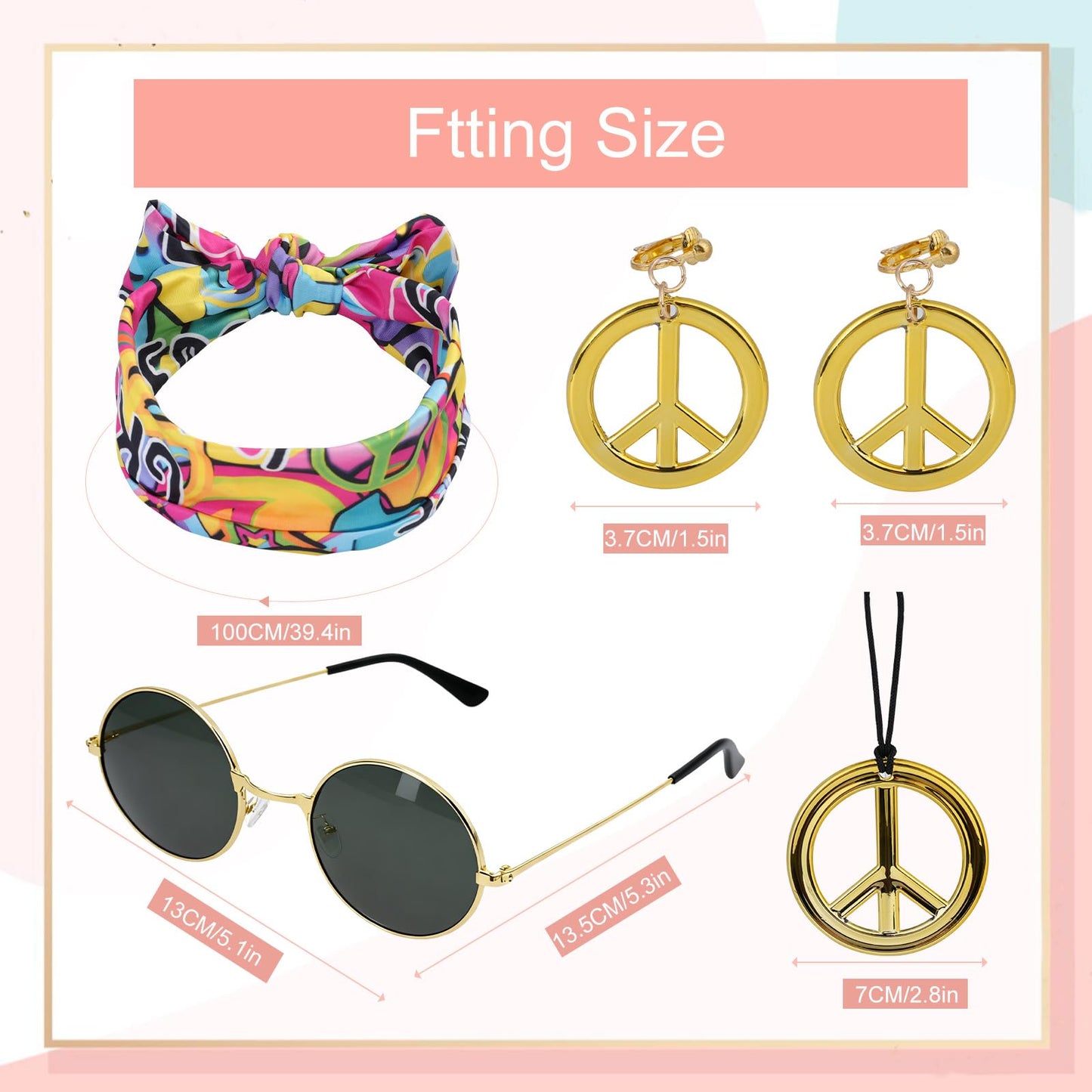 AYBUY Women’s Hippie Dress, 60s 70s Fancy Dress Women Disco Outfit with Necklace, Earrings, Sunglasses and Band, 1960s 1970s Retro Hippy Clothes for Halloween Carnival Cosplay Party, M (Style A