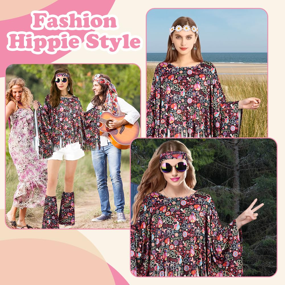AOOWU Hippie Costume Accessories Set, 10 Pcs 70s Fancy Dress Women Disco Hippie Costume Outfits, Hippie Clothing Set with Hippie Cape Legs Sleeves Headband Sunglasses Earrings