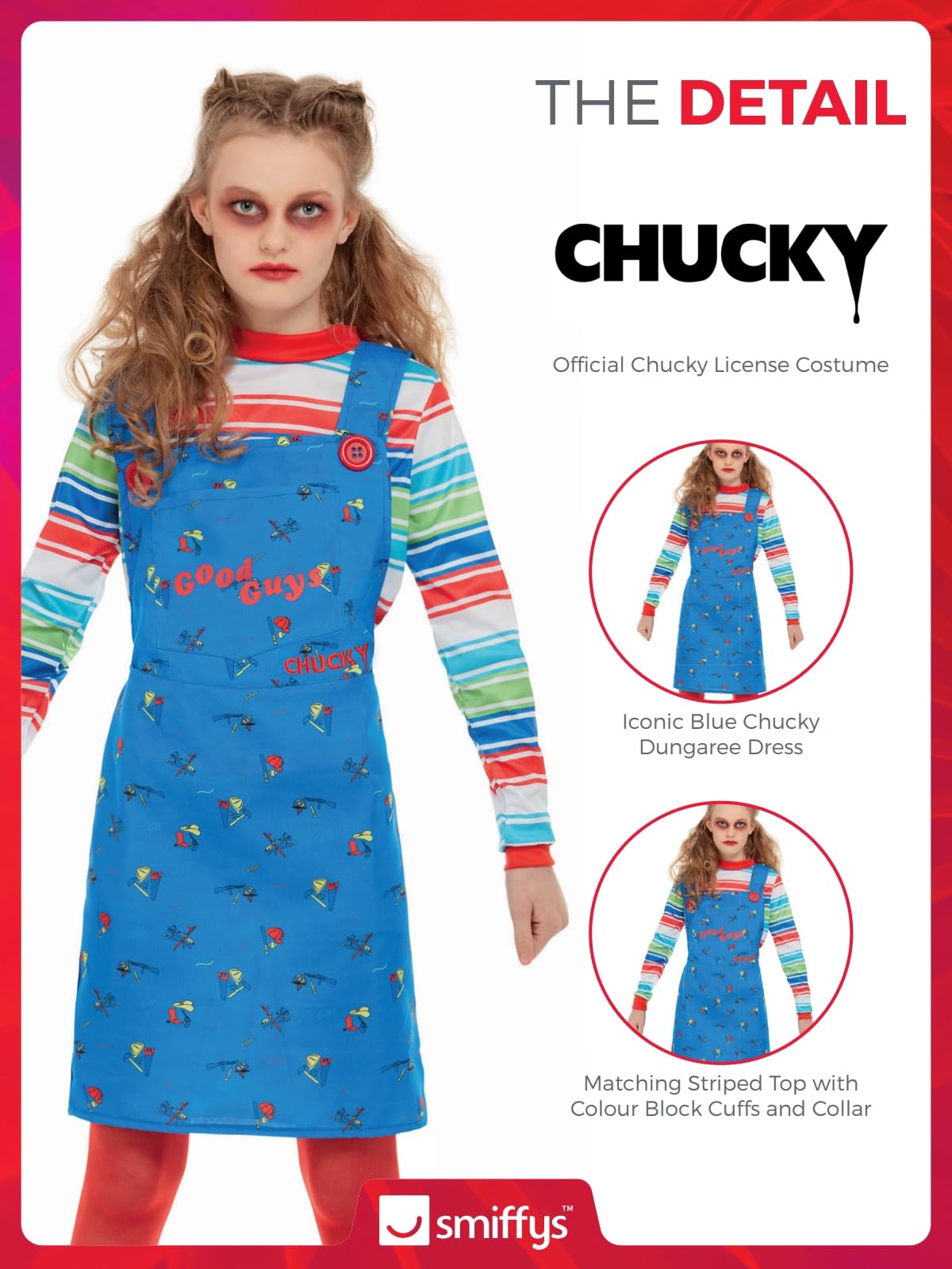 Smiffys Chucky Costume in Blue for Kids, Dress and Top, Officially Licensed, Blue Dungaree Dress and Striped Top with Colour Block Cuffs, Ideal for Halloween and Matching Costumes