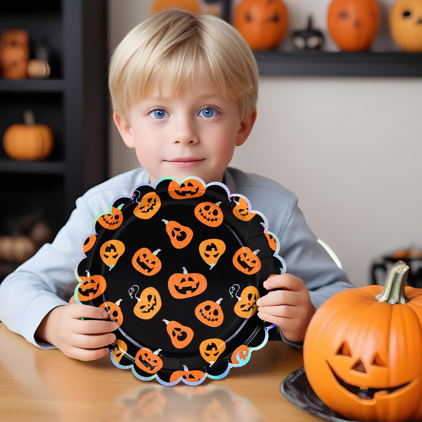 Halloween Paper Plates, 50-Count Disposable Halloween Dinner Plates, Scalloped, Party Supplies, Jack O' Lantern, Iridescent Silver Foil