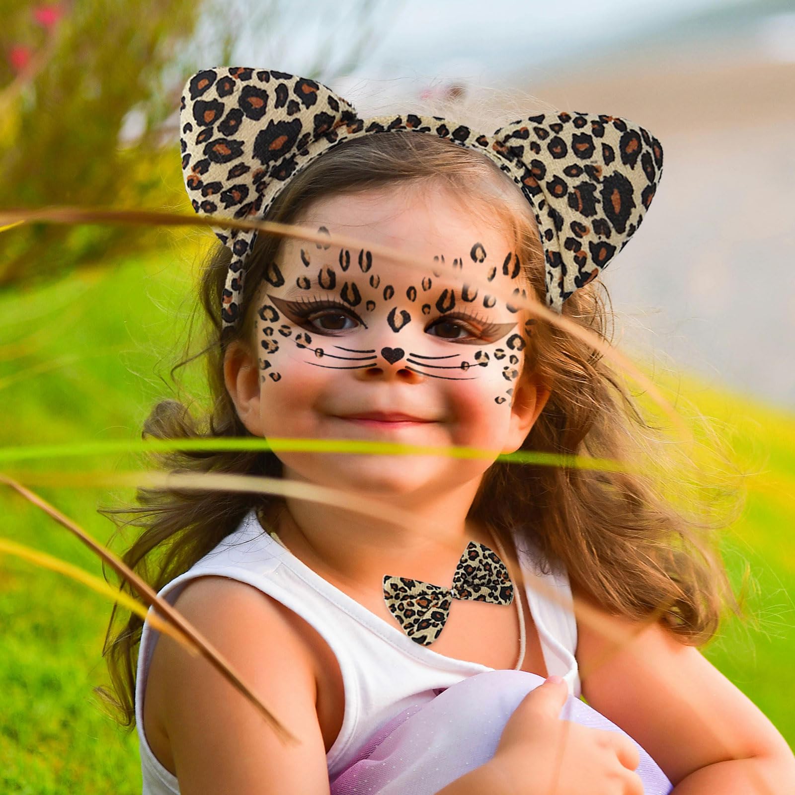 Leopard Costume Set Include Face Sticker Leopard Ears Bow Tie Tail (image 3)