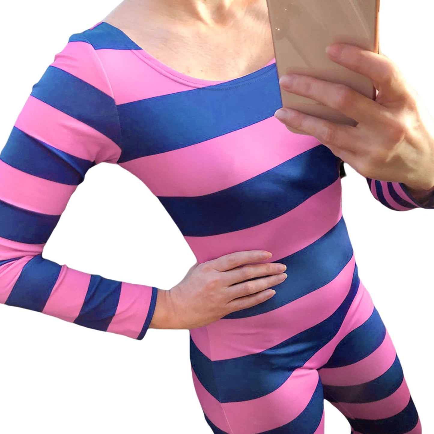 Cusghjbsg Women Halloween Cheshire Cat Cosplay Costume Long Sleeve Stripe Print Contrast Color Slim Jumpsuit Role Play Outfit Romper (Pink Purple A, L)
