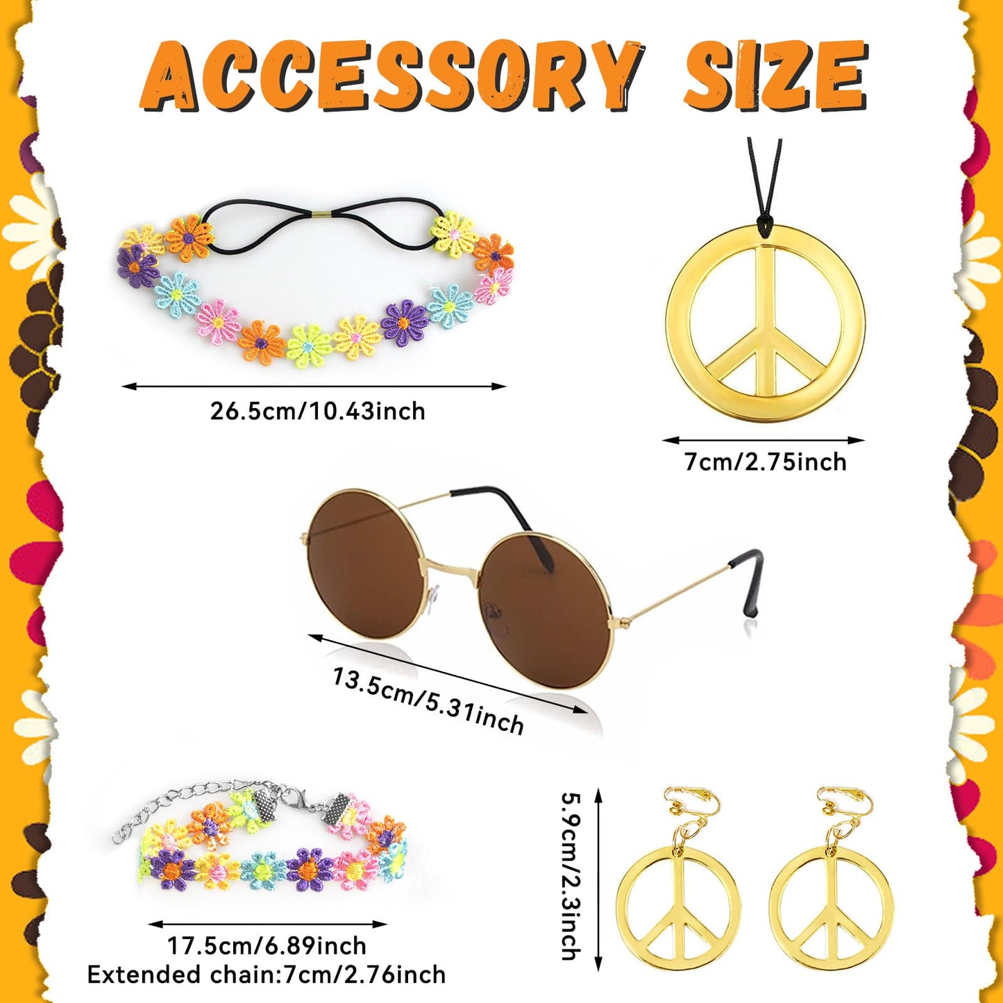 8PCS 70s Fancy Dress Women Set, 70s Hippie Dress Costumes Necklace Earrings Sunglass Women Disco Outfit, 60s Party Costume, Womens Hippie Costume for Carnival Cosplay Party