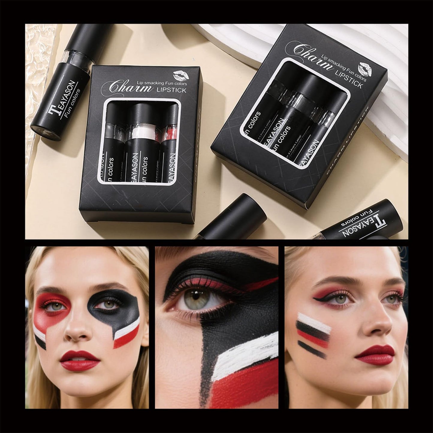 3PCS Halloween Face Painting Kit - Black & White & Red Face Paint Stick Lip Sticks - Waterproof & Durable Face Paint Sticks for Halloween Make Up, Line up, Baseball, Football
