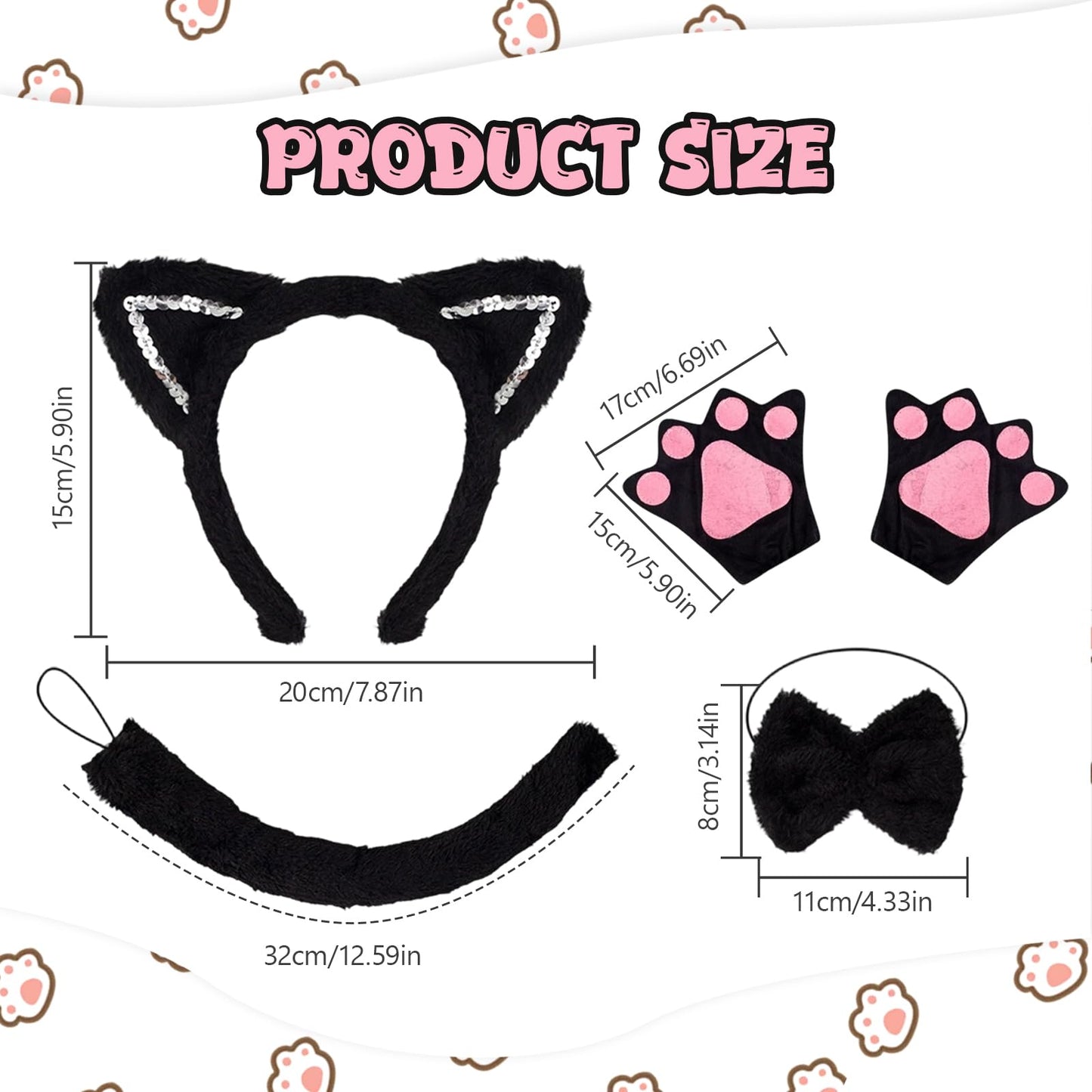 Black Cat Fancy Dress Set - Ears Headband - Tail - Bow Tie - Paw (image 2)
