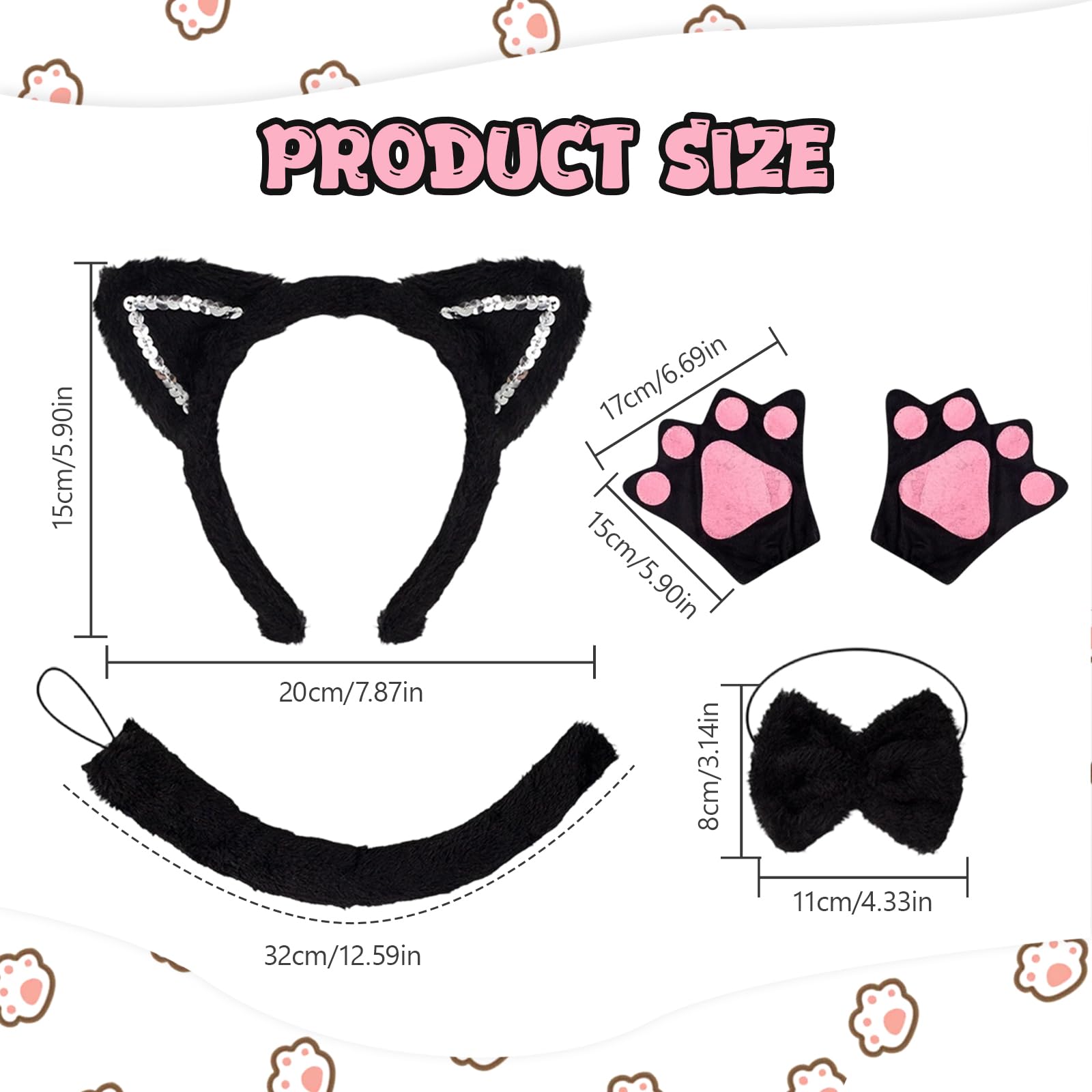 Black Cat Fancy Dress Set - Ears Headband - Tail - Bow Tie - Paw (image 2)