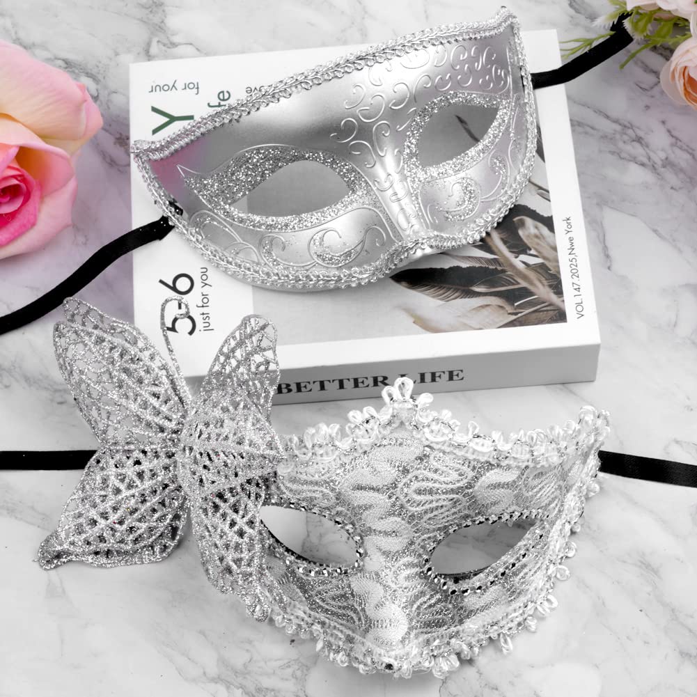 Aomig Couple Masquerade Masks, 2 Pack Lace Venetian Party Eye Mask Halloween Costume Mask Classic Mardi Gras Mask for Couples Women and Men