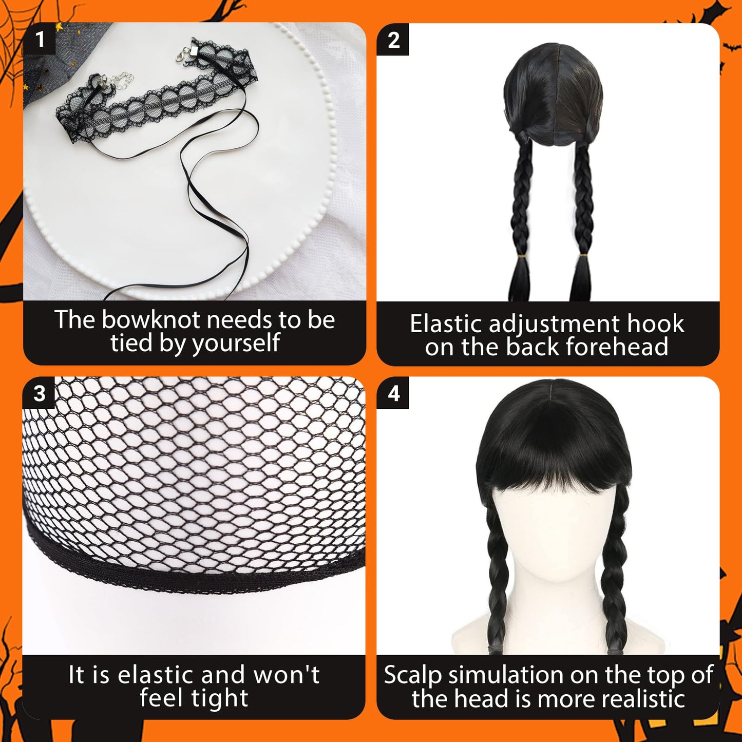 SSKHE 3Pcs Black Braided Wig for Women and Children, Cosplay Accessory for Wednesday Addams, Halloween Costume Hairpiece, Braided Design for Dress-up, Kids' Wigs, Party Hair Accessories