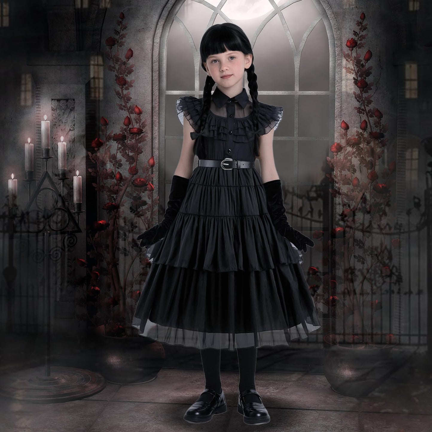 Carreuty 8 Pcs Black Princess Costume Dress Girls Sets, Black Family Dress up Outfits for Kids with Wigs Gloves Socks Hair Bands Tattoos, Gothic School Fancy Dress for World Book Day Halloween