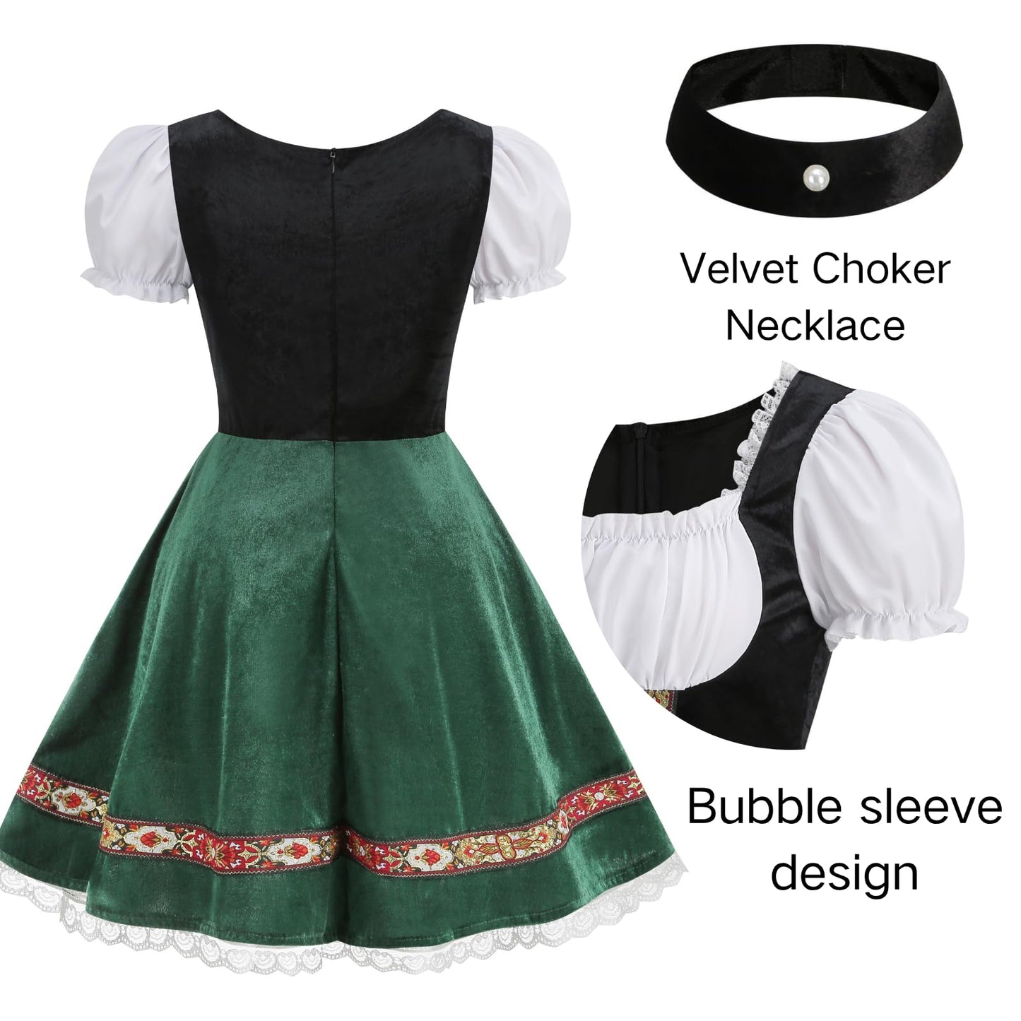 maxToonrain Oktoberfest Outfit Women Puff Sleeve Velvet Bavarian Beer Maid Dress with Foral Embroidery, Lace Trim, Apron & Choker for Halloween, Themed Parties & Beer Festivals (Olive Green, S)