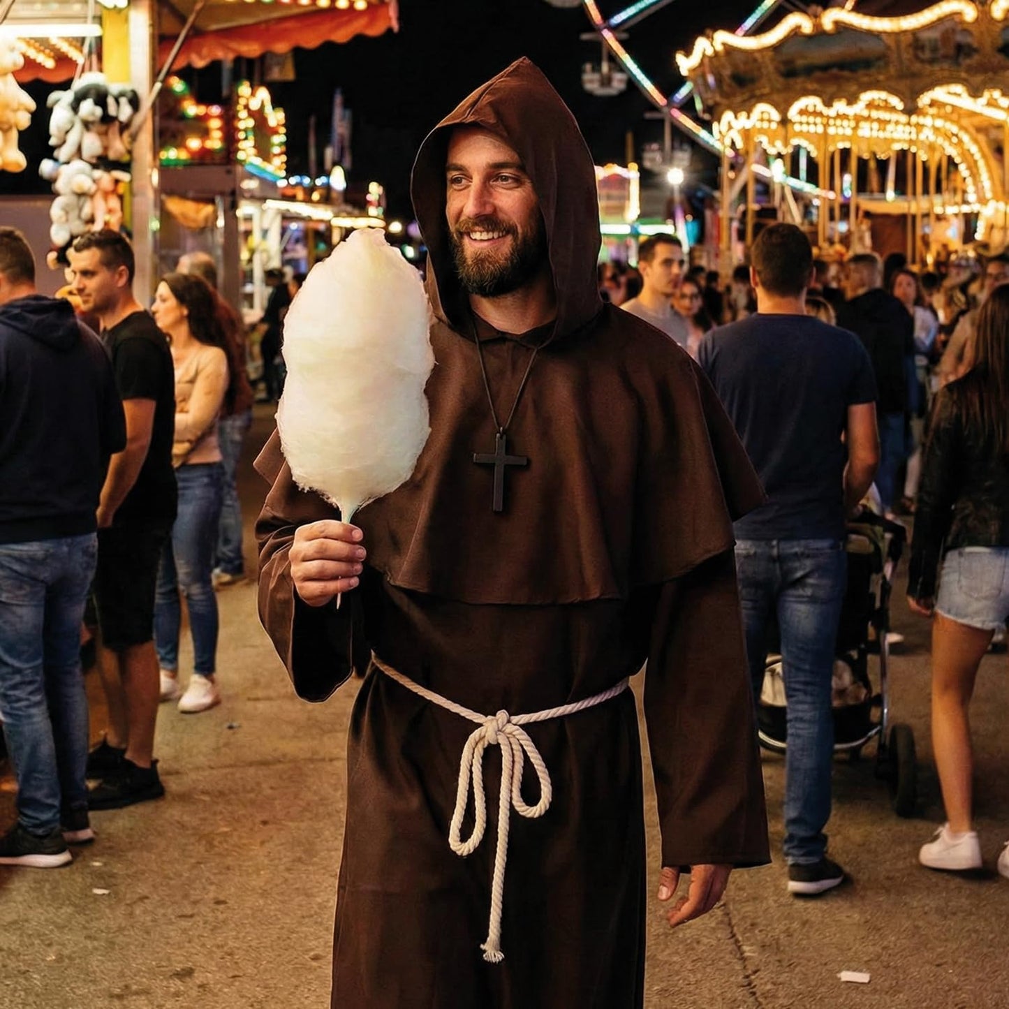 AirSuit® Medieval Monk Adult Costume – Long Robe with Hood + Wooden Cross | Size M 170 to 175 cm | Religious Men's Outfit | Carnival, Halloween | OriginalCorner®