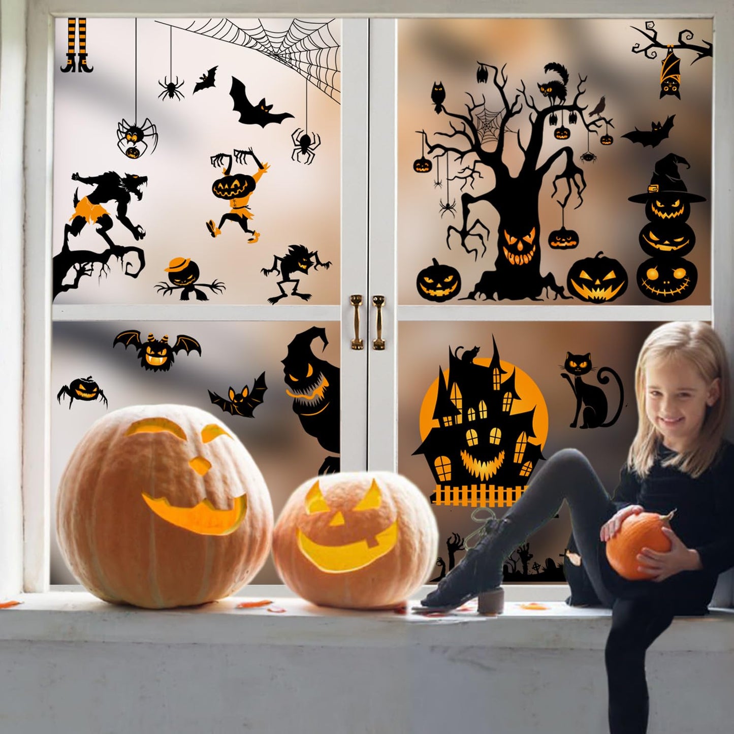 Xyxu Halloween Decorations Window Stickers, 9sheets Scary Halloween Window Stickers Clings Decorations, Wolf Bat Witch Ghost Spider Pumpkin Halloween Stickers for Window Halloween Decorations Indoor