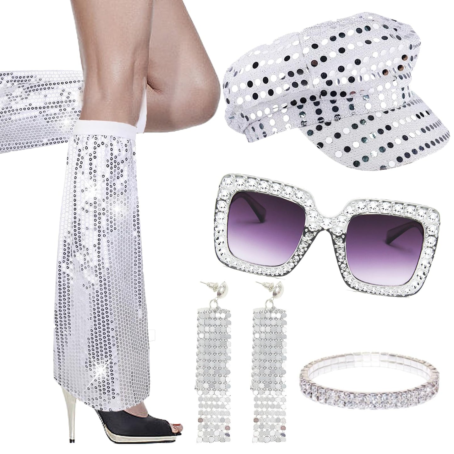 Xerteam 6Pcs 70s Disco Accessories, 70s Fancy Dress Women Accessories, Sequin Hat Frame Bling Sunglasses Earrings Leg Warmers, Disco Costume Set for Women Retro 70 Theme Party Hippie Costume (Silver)