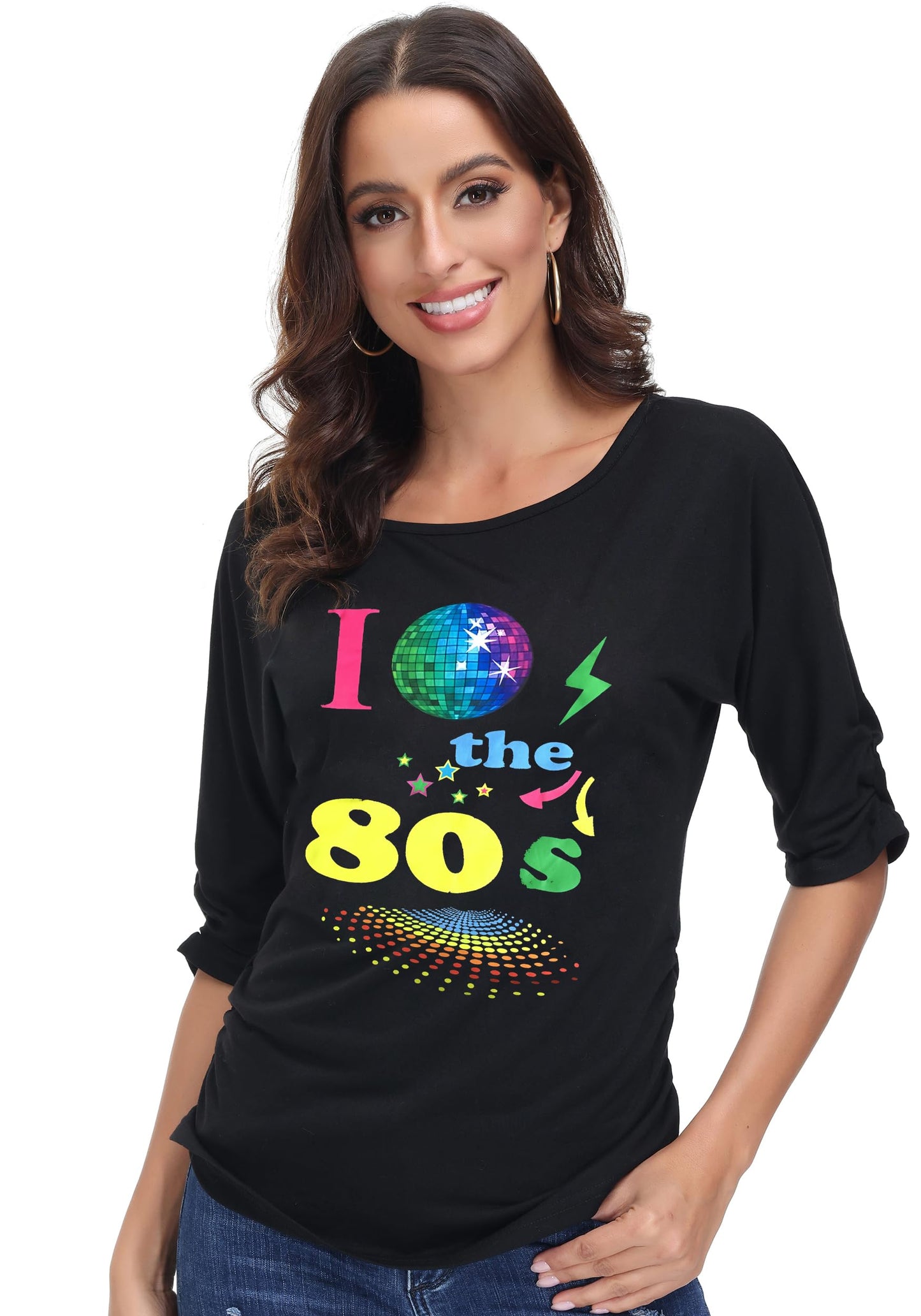 80s T Shirt Fancy Dress Costume for Women Off Shoulder Tops Sexy (image 3)