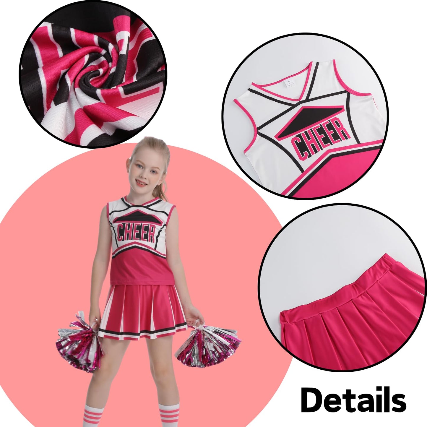 DELIVESS Cheerleader Costum for Girls Cheerleading Outfit Kids School Cheer Uniform 5 Pcs Set for Halloween Party Dress up 6-7 Years (130, Rose Red)