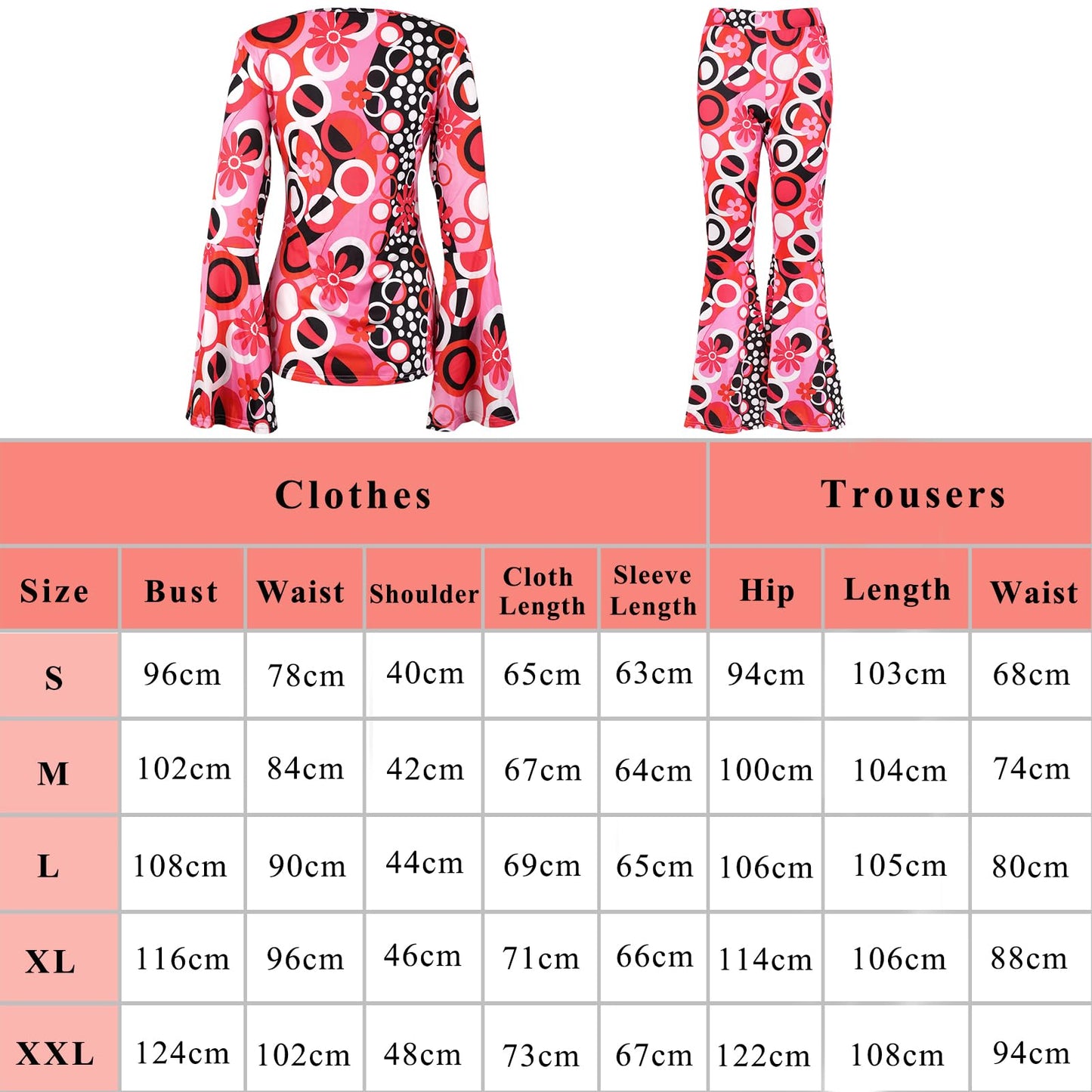 YADODO 60s 70s Fancy Dress Women Disco with Hippie Costume Flared Trousers Clothes Hippy Accessories Fancy Dress for Women Adult 1970s 1960s 70 Style Ladies Pink Flower Power