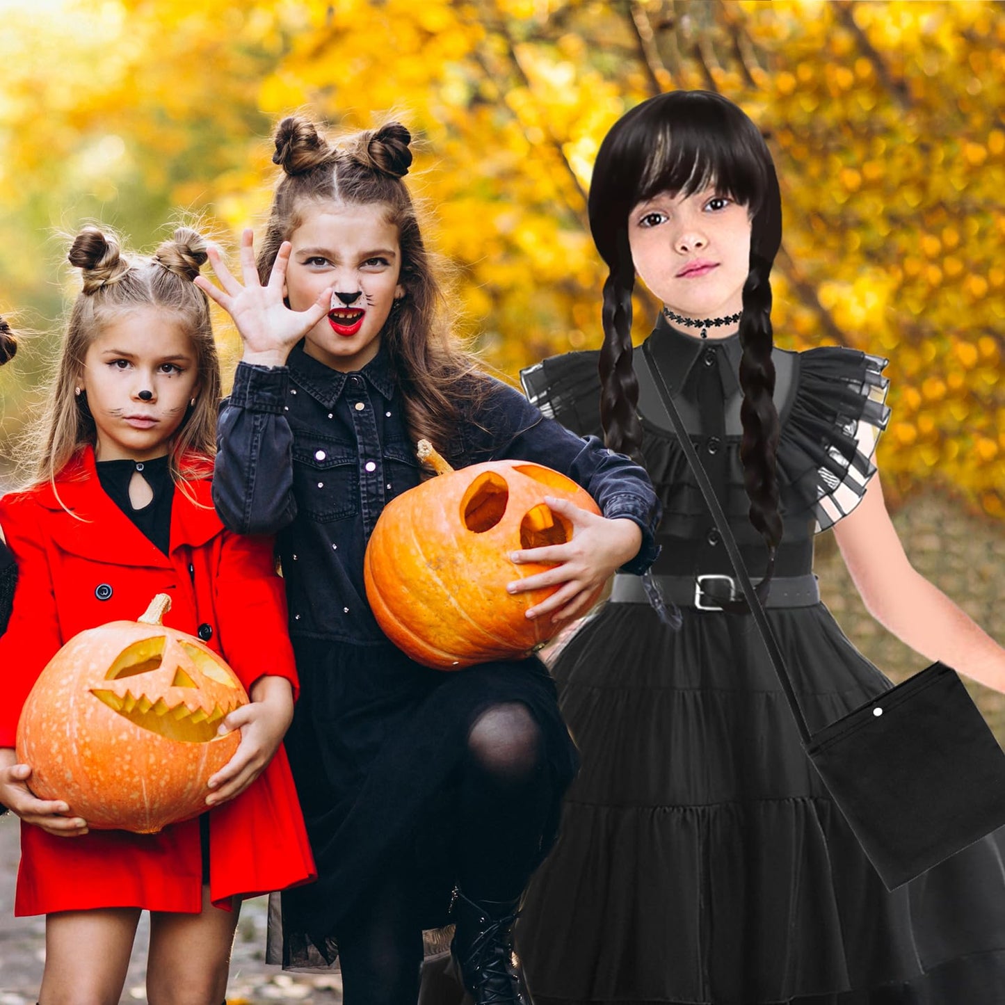 Kitimi Dress110 Black Gothic Dress Up Outfit for Girls, 3-11 Kids Theme Cosplay Costume Girls Party Fancy Dress Accessories with Wig Earrings Bag Socks for Carnival Halloween Party