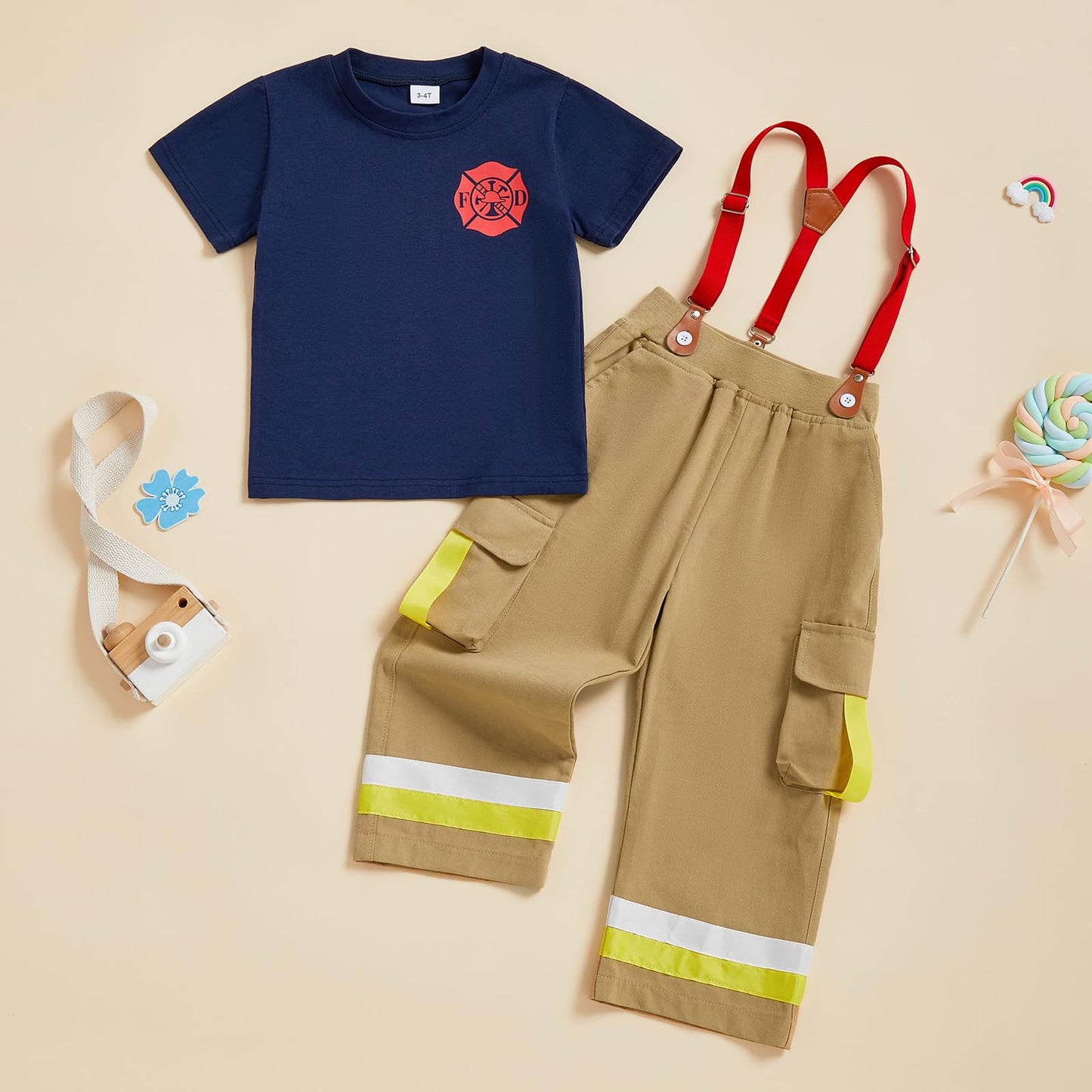 FeMereina Kids Firefighter Outfit For Boys Girls Fire Fighter Themed Halloween Cosplay Outfit Toddler Fireman Clothes (Blue, 4-5T)