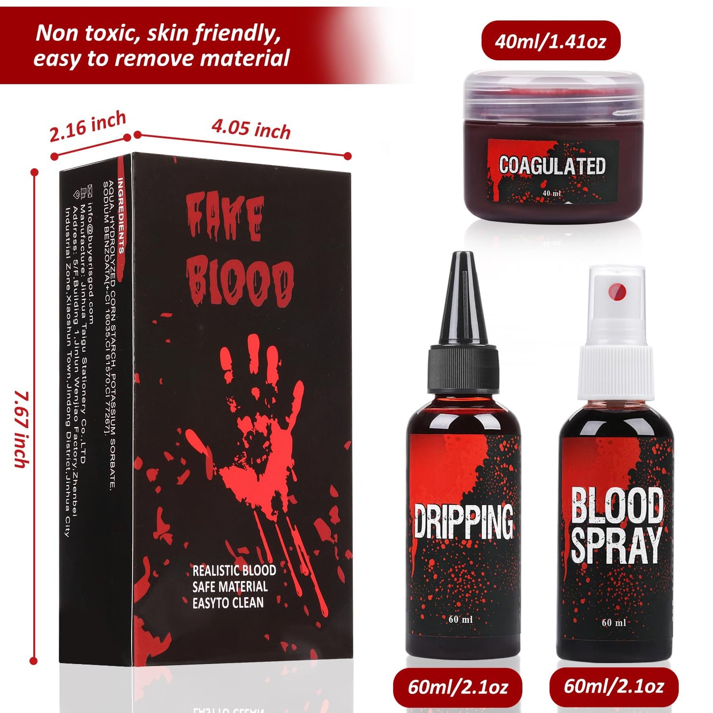 Fake Blood Set, 60ml Fake Blood Spray and 60ml Dripping Blood and 40ml Coagulated Gel Blood, Halloween Washable Fake Blood Makeup for Clothes, Zombie, Vampire Cosplay & Dress Up (Sets)