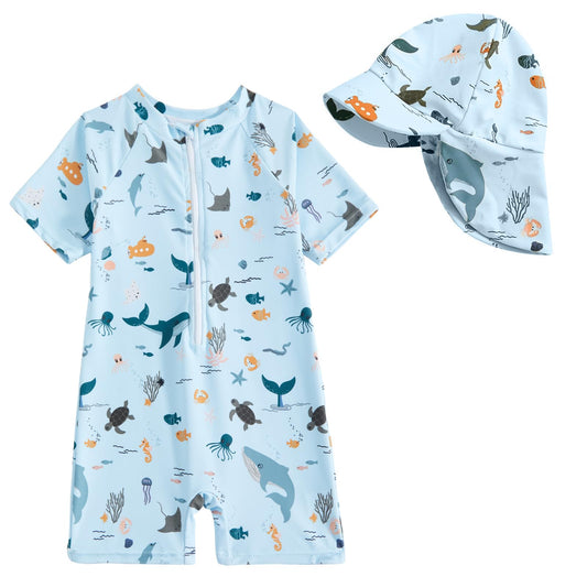 JiAmy Baby Boys Swimming Costume with Sun Hat Short Sleeve Zip Up Rash Guard Sun Protection Beach Swimsuit Infant Toddler One Piece Bathing Suits Blue 1-2 Years