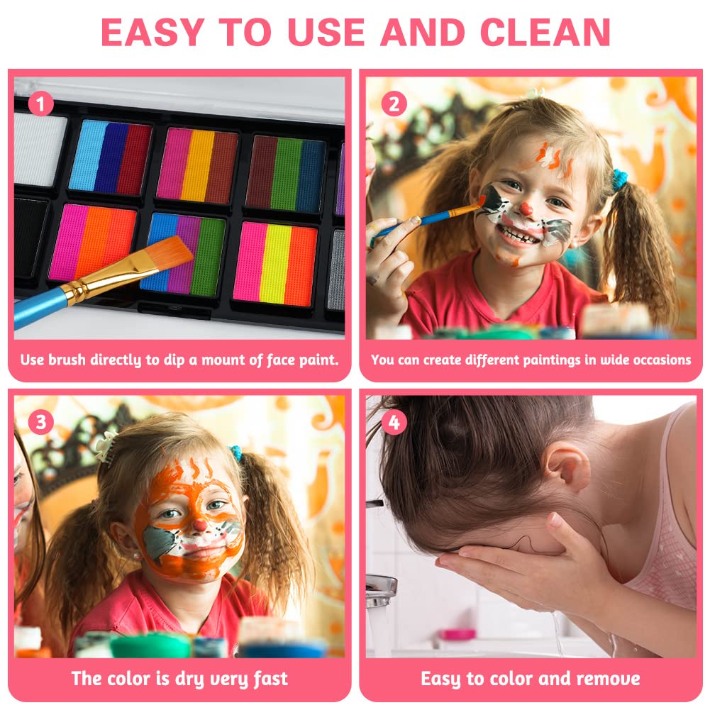 LOPHE Face Body Painting Kit, 26 Colors Rainbow Body Paint for Kids Adults, Safe & Non-Toxic Water Based Split Cake Face Paint Palette with 2 Brushes, Party Makeup Set for Halloween Christmas Cosplay