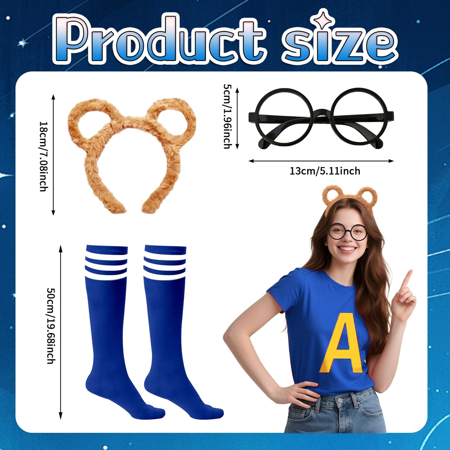 4Pcs Chipmunks Costumes Set with Chipmunk Headband Glasses T-shirt Soccer Socks, Chipmunks Fancy Dress Outfit Party Animal Cosplay for Adults Teens World Book Day Halloween Dress Up (Blue, M)