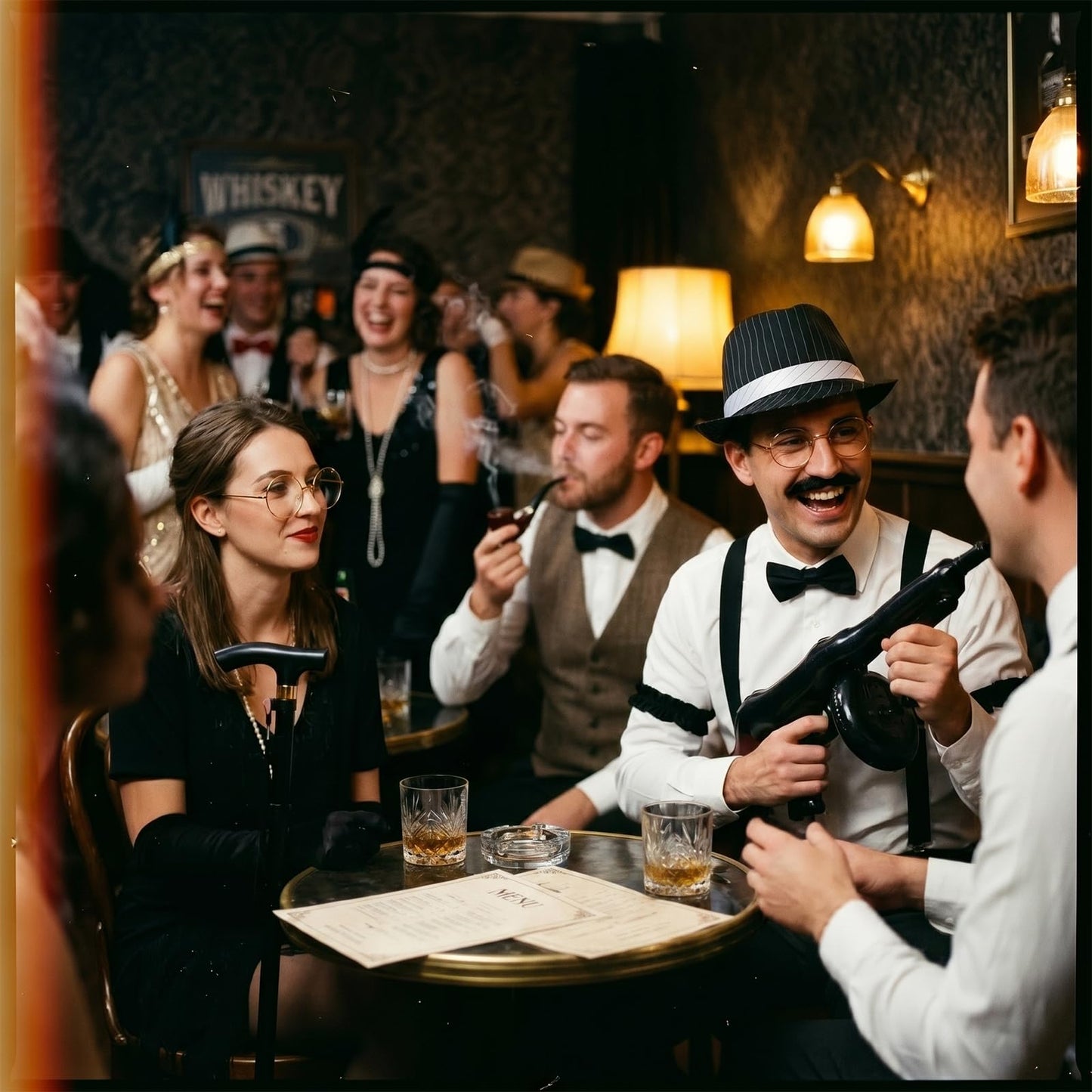 1920s Accessories for Men, Great Gatsby Fancy Dress Set with Fedora Hat Suspenders Bow Tie Fake Beards Glasses Inflatable Gun Folding Cane for Roaring 20s Gangster Costume for Party (Black Stripes)
