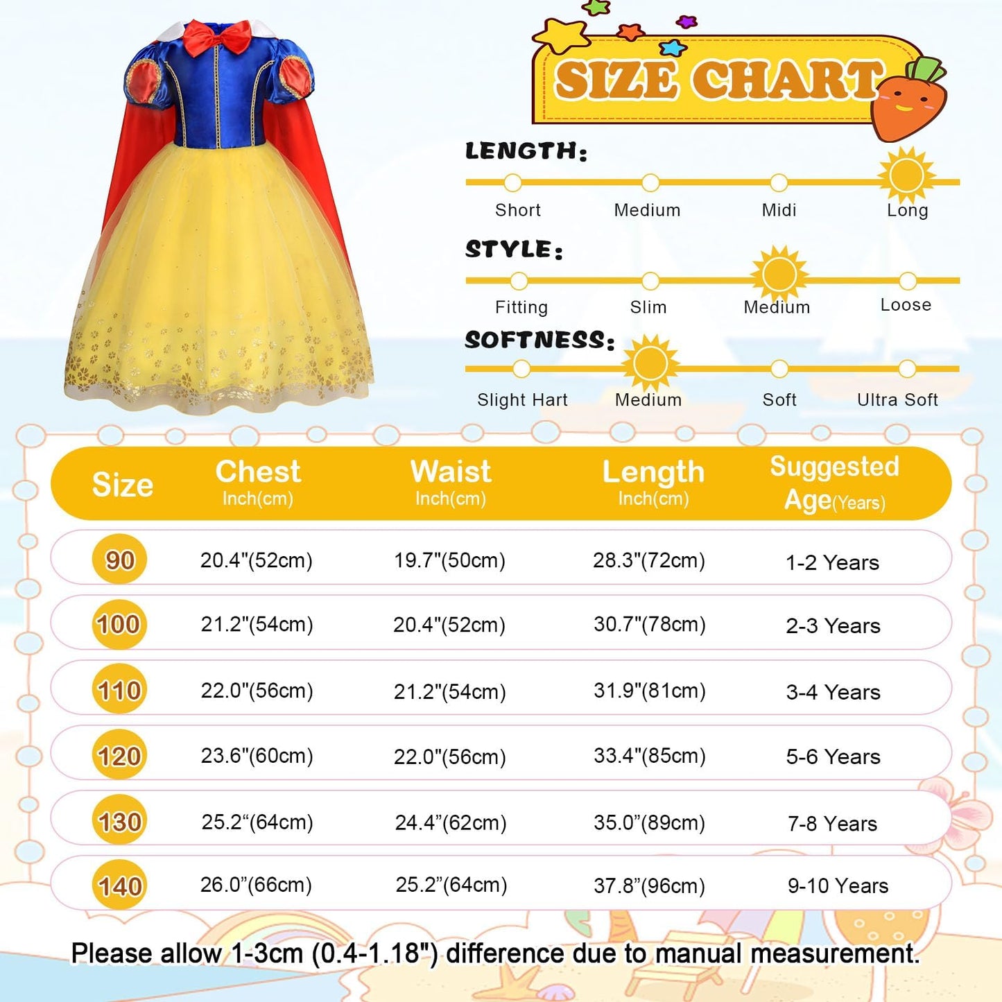 AmzBarley Princess Costumes for Girls Fancy Dress for Kids & Toddlers Birthday Themed Party Cosplay World Book Day Costumes Dressing up Clothes 3-4 Years 110