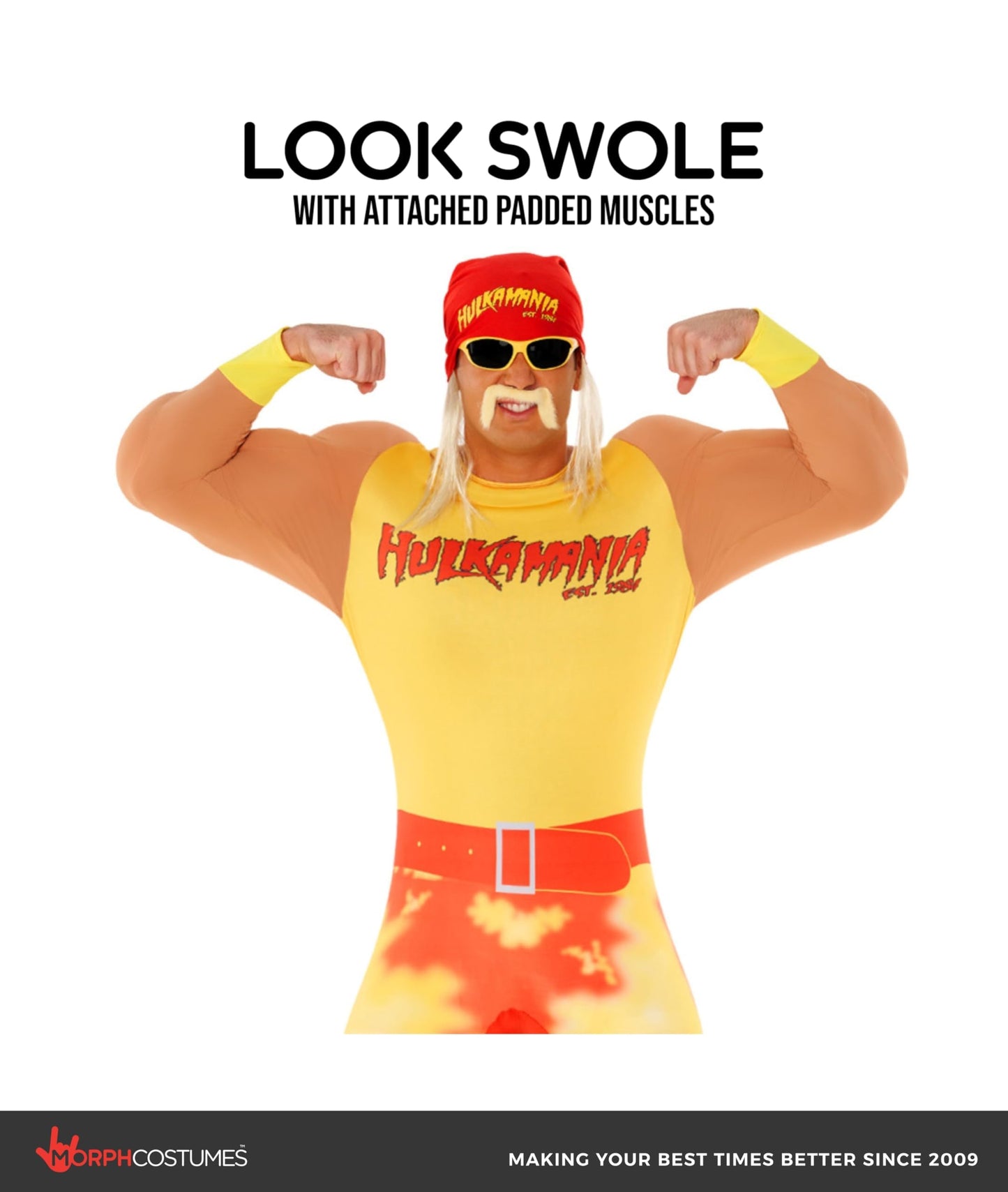 Morph Hulk Hogan Costume Adult, Hulk Hogan Fancy Dress, WWE Wrestling Costume, 80s Costumes for Adults, Large