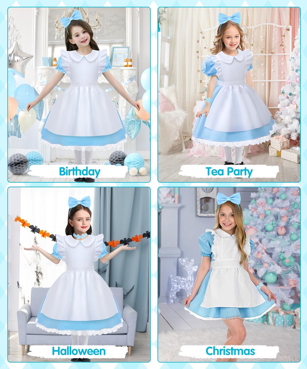COYBTO Princess Costume for Girls 6-11 Years - Blue Dress With White Apron and Headband for Halloween, Birthday Party, Carnival, Fancy Dress