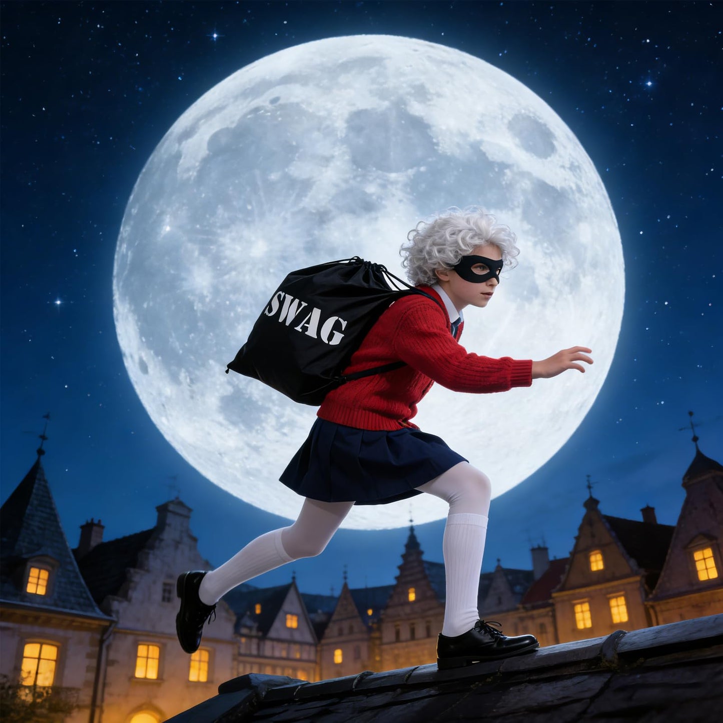 gyoyede Gangster Granny Costume Set,World Book Day Costumes for Teens 2026 - Grey Wig, Robber Eye Mask, Swag Bag, Pearl Necklace and Cane for Storybook WBD Fancy Dress Up Cosplay Party Accessories