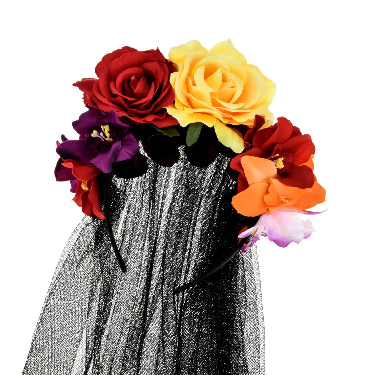 Day of the Dead Headpiece Rose Floral Crown Halloween Costume Mexican Headband with Veil (Red Yellow Orange Black Veil)